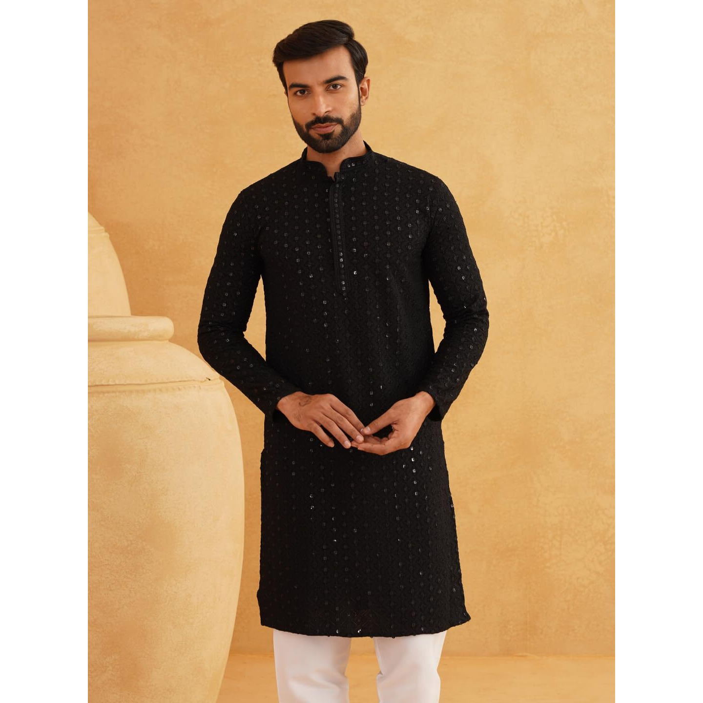 Sojanya (Since 1958 Men's Ethnic Motifs Embroidered Sequinned Black Cotton Long Kurta