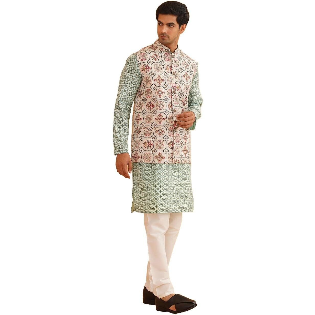 Sojanya (Since 1958 Men's Cotton Linen Sea Green Kurta And White Pyjama With Cream Cotton Nehru Jacket