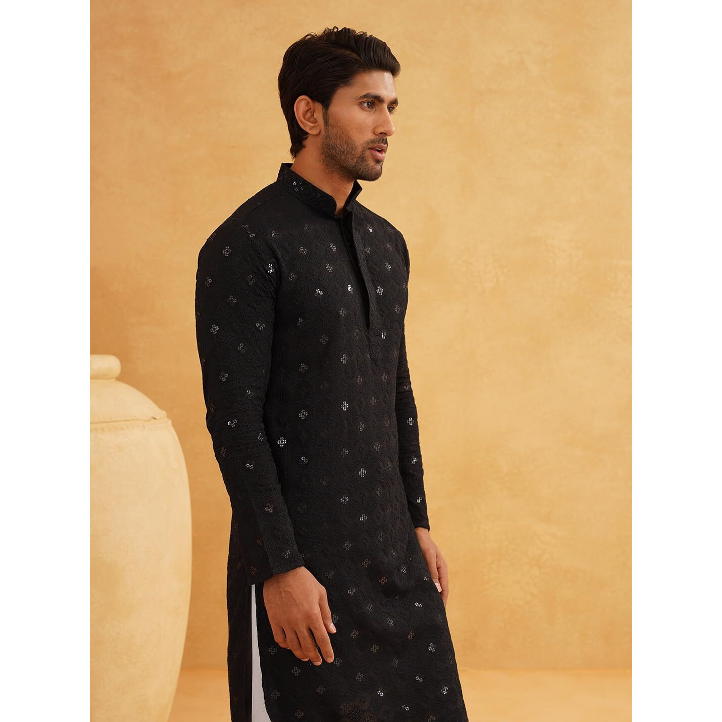 Sojanya (Since 1958 Men's Cotton Embroidered Sequinned Black Long Kurta Size 42