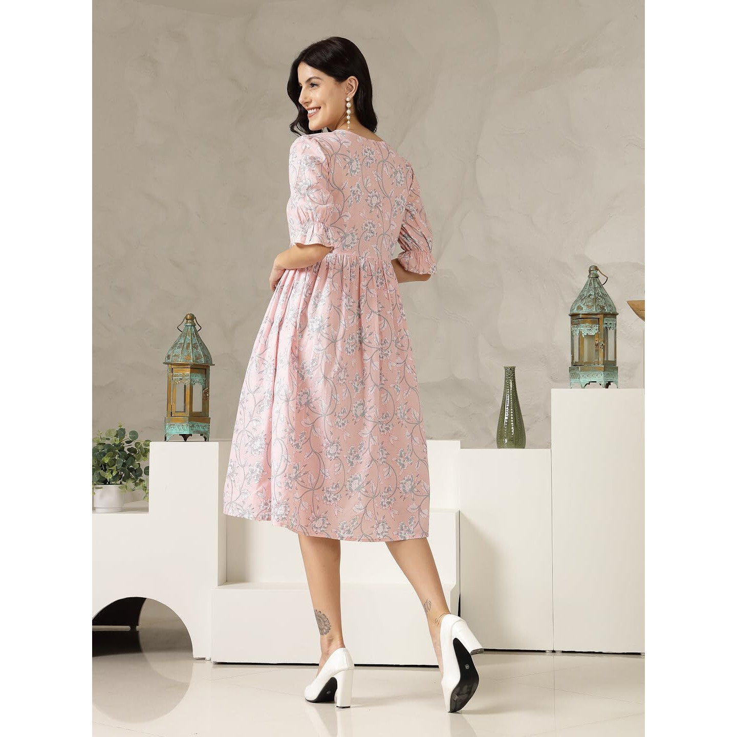 Stylum Women's Pestal Pink Ethnic Printed Cotton Flared Dress (Drspinkbubble_Baby Pink) (In, Alpha, Xl, Regular)
