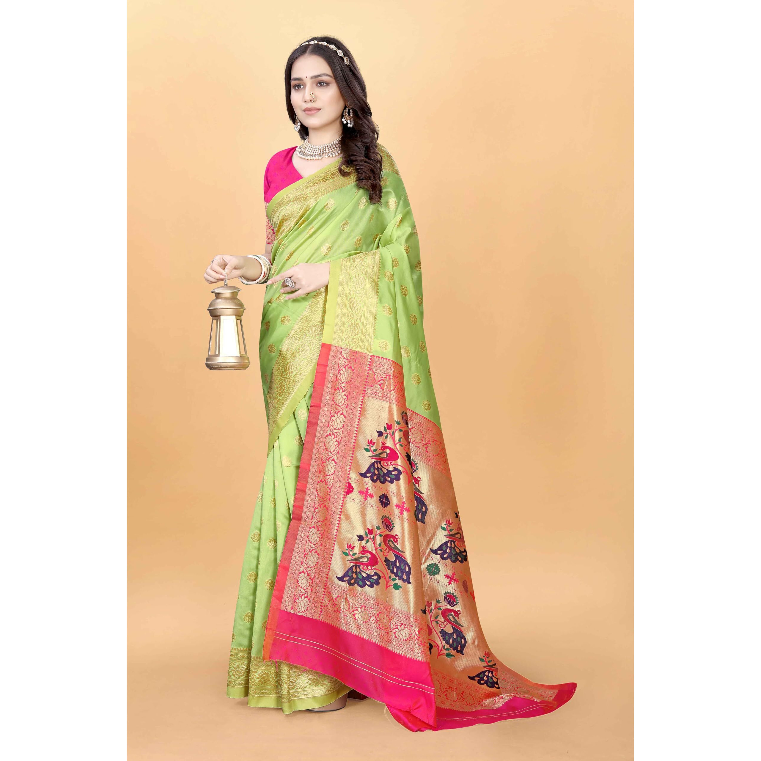 Sugathari Women's Banarasi Saree Pure Paithani Kanjivaram Silk Soft New Ladies 2024 Design Wear Pattu Sarees Latest Cotton Party Sari Collections With Blouse Piece For Wedding Sadi (Pari-205 Pista)