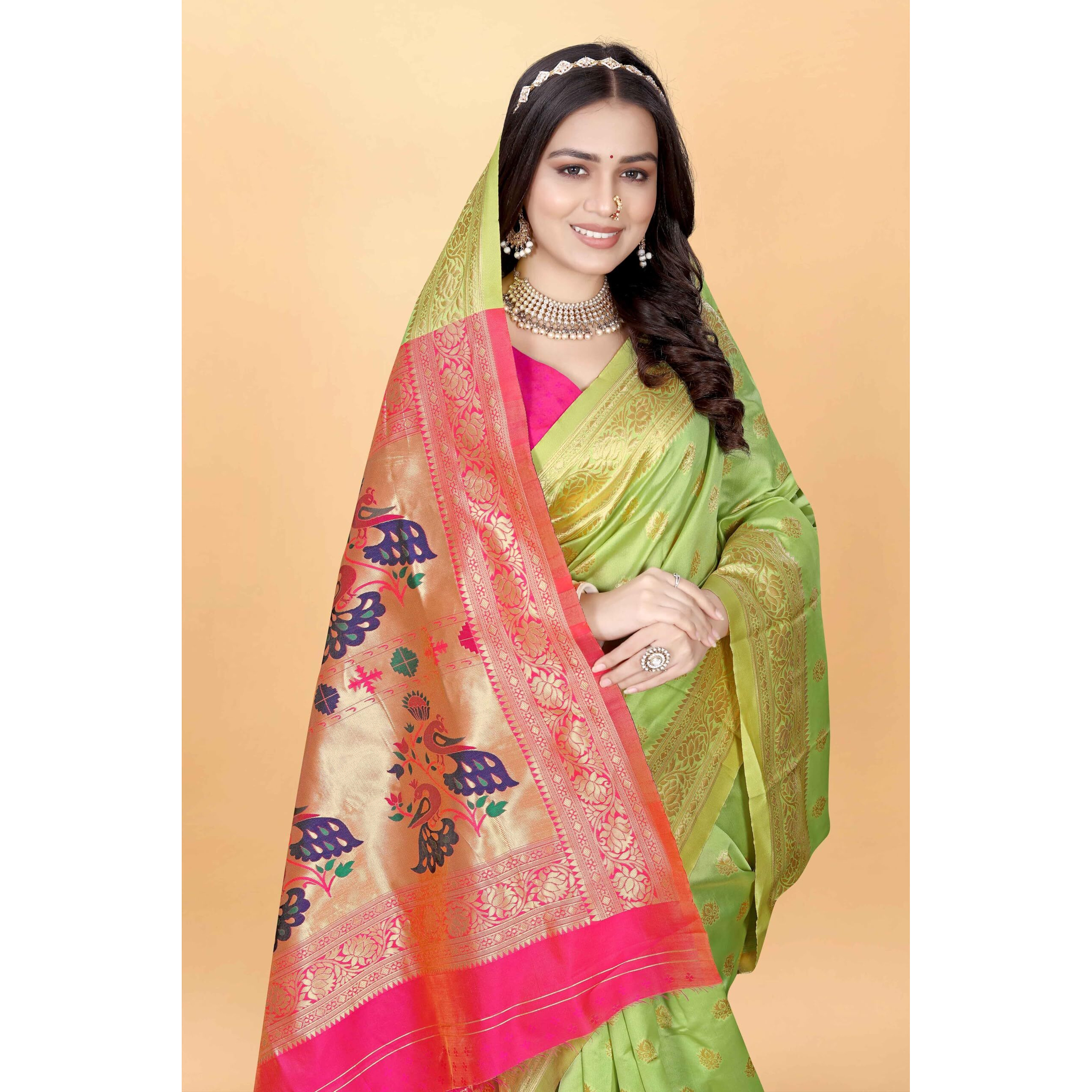 Sugathari Women's Banarasi Saree Pure Paithani Kanjivaram Silk Soft New Ladies 2024 Design Wear Pattu Sarees Latest Cotton Party Sari Collections With Blouse Piece For Wedding Sadi (Pari-205 Pista)