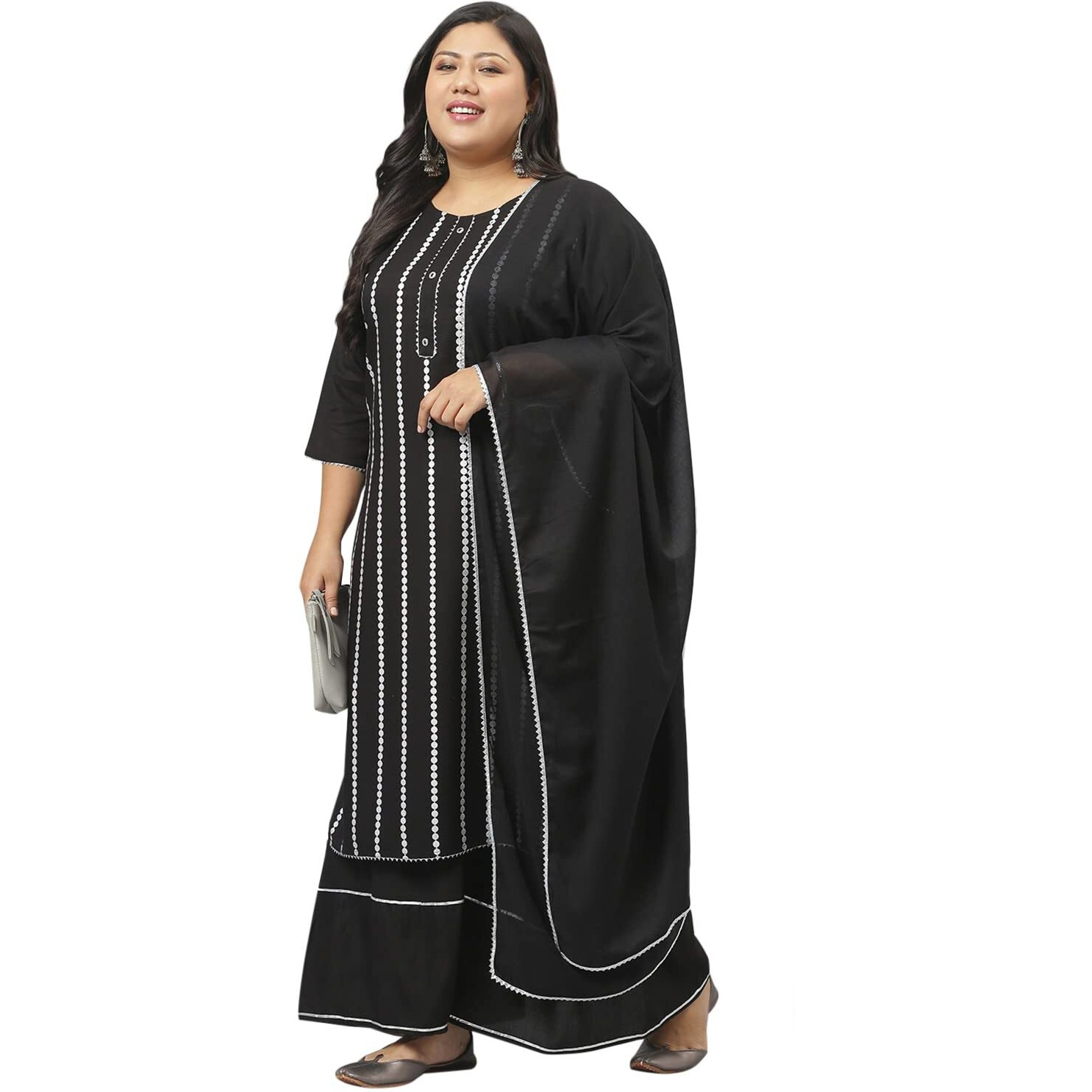 Stylum Women's Plus Size Rayon Printed Straight Kurta Sharara Dupatta Set (Blacksharara46_Black, 3Xl)
