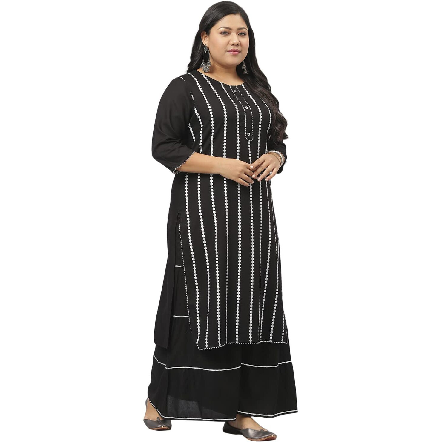 Stylum Women's Plus Size Rayon Printed Straight Kurta Sharara Dupatta Set (Blacksharara46_Black, 3Xl)