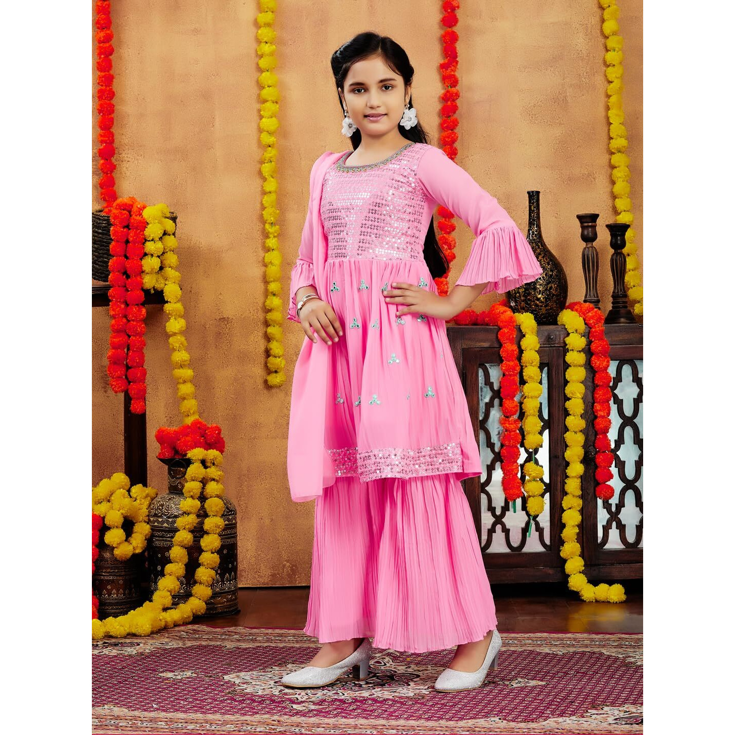 Aarika Girls Ethnic Wear Gajri Colour Sequins Embroidery Georgette Kurti Sharara Set (5-11 Years)