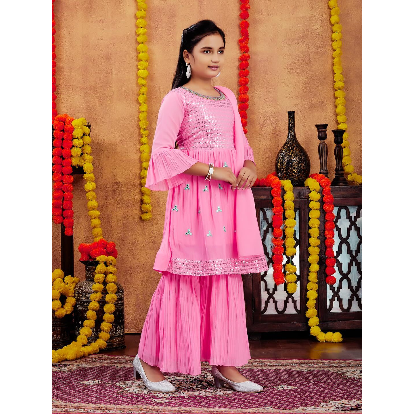 Aarika Girls Ethnic Wear Gajri Colour Sequins Embroidery Georgette Kurti Sharara Set (5-11 Years)