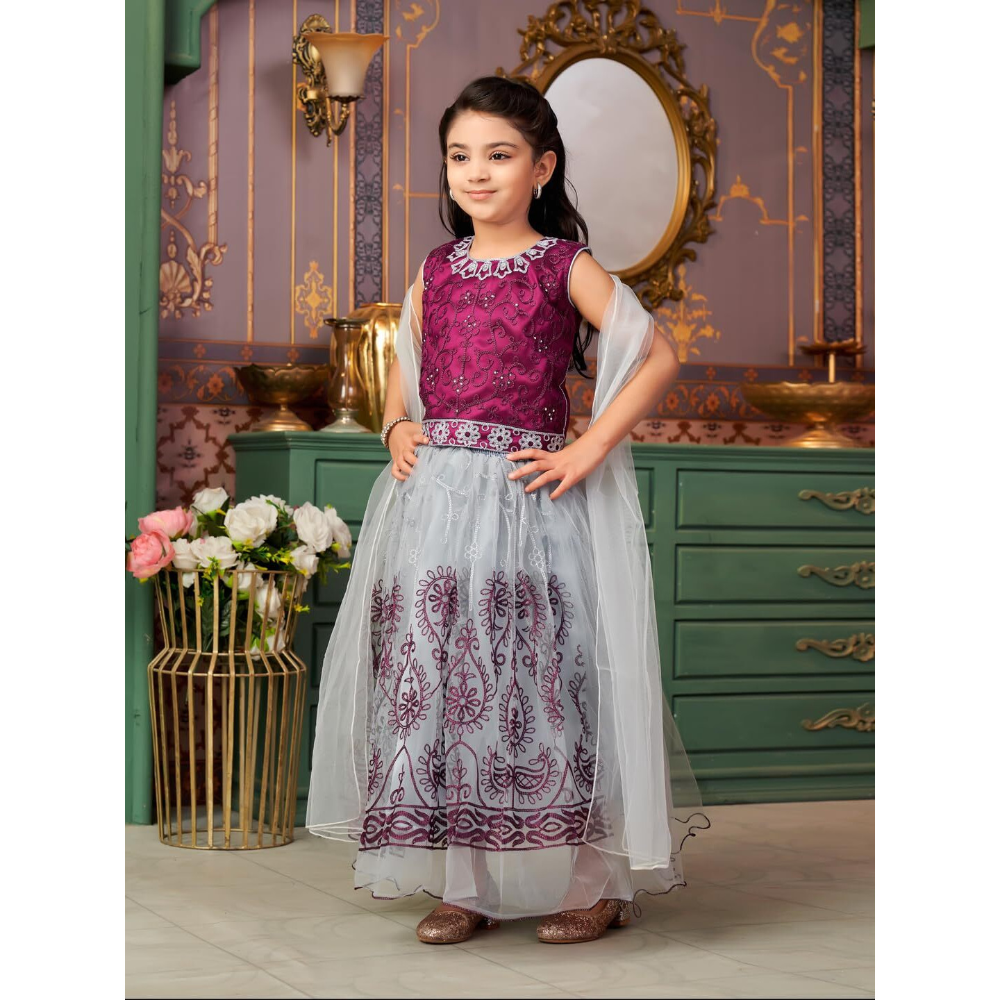 Aarika Girls Ethnic Wear Purple-Grey Colour Thread Embroidery Net Lehenga Choli Set With Dupatta-3-9 Years (Lch-Shm-1527)