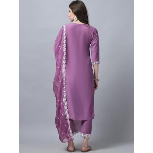 Alvami Women Embroidery Straight Kurta And Pant Set With Dupatta (M) Pink