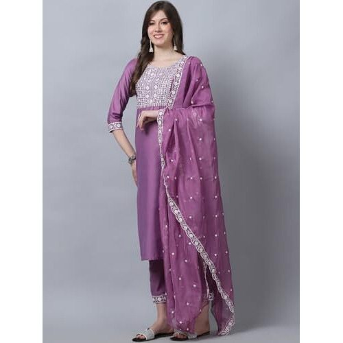 Alvami Women Embroidery Straight Kurta And Pant Set With Dupatta (M) Pink