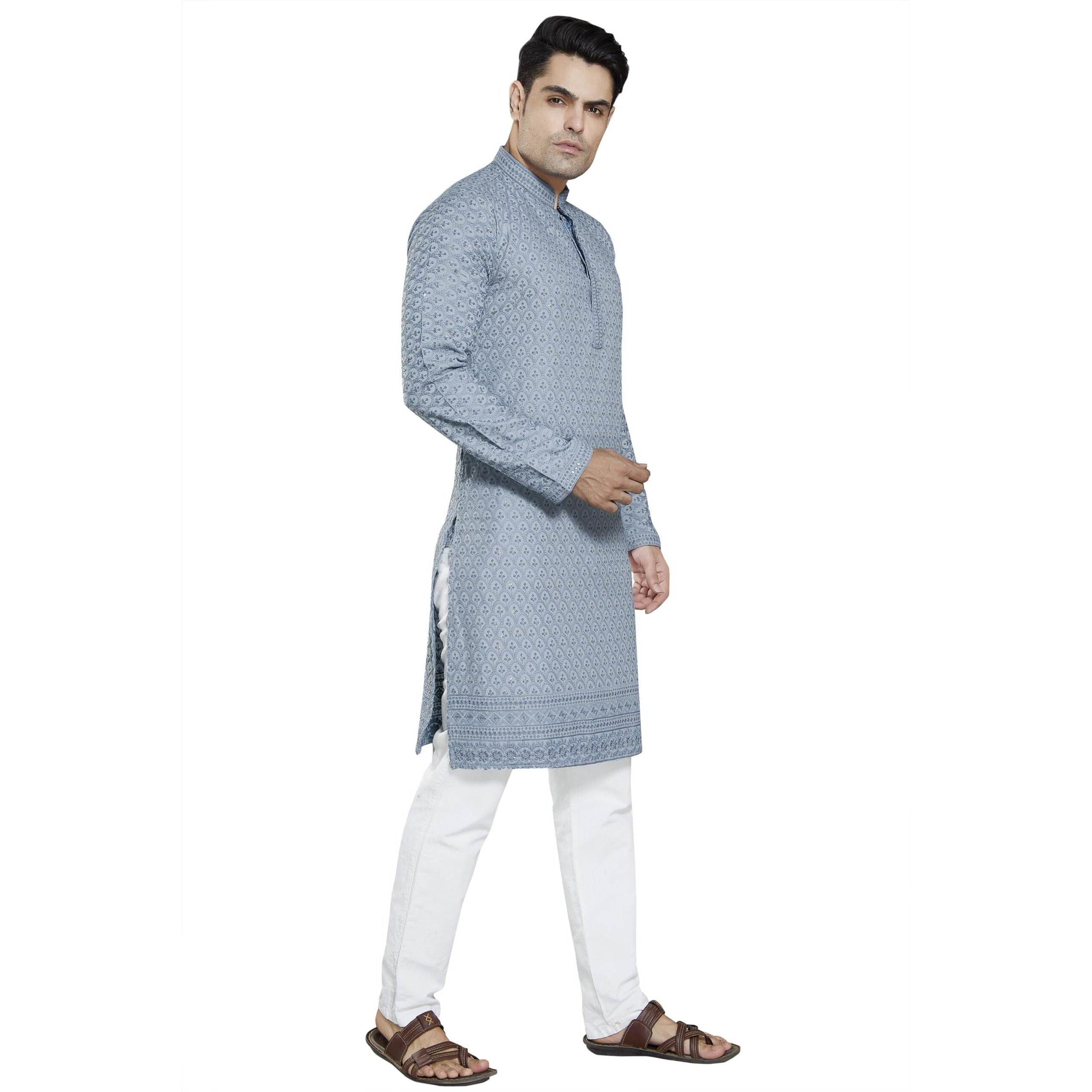 Divisive Men's Sequince Embroidered Cotton Blend Slim Fit Kurta Pyjama Set (Dkrt28_M_Grey)