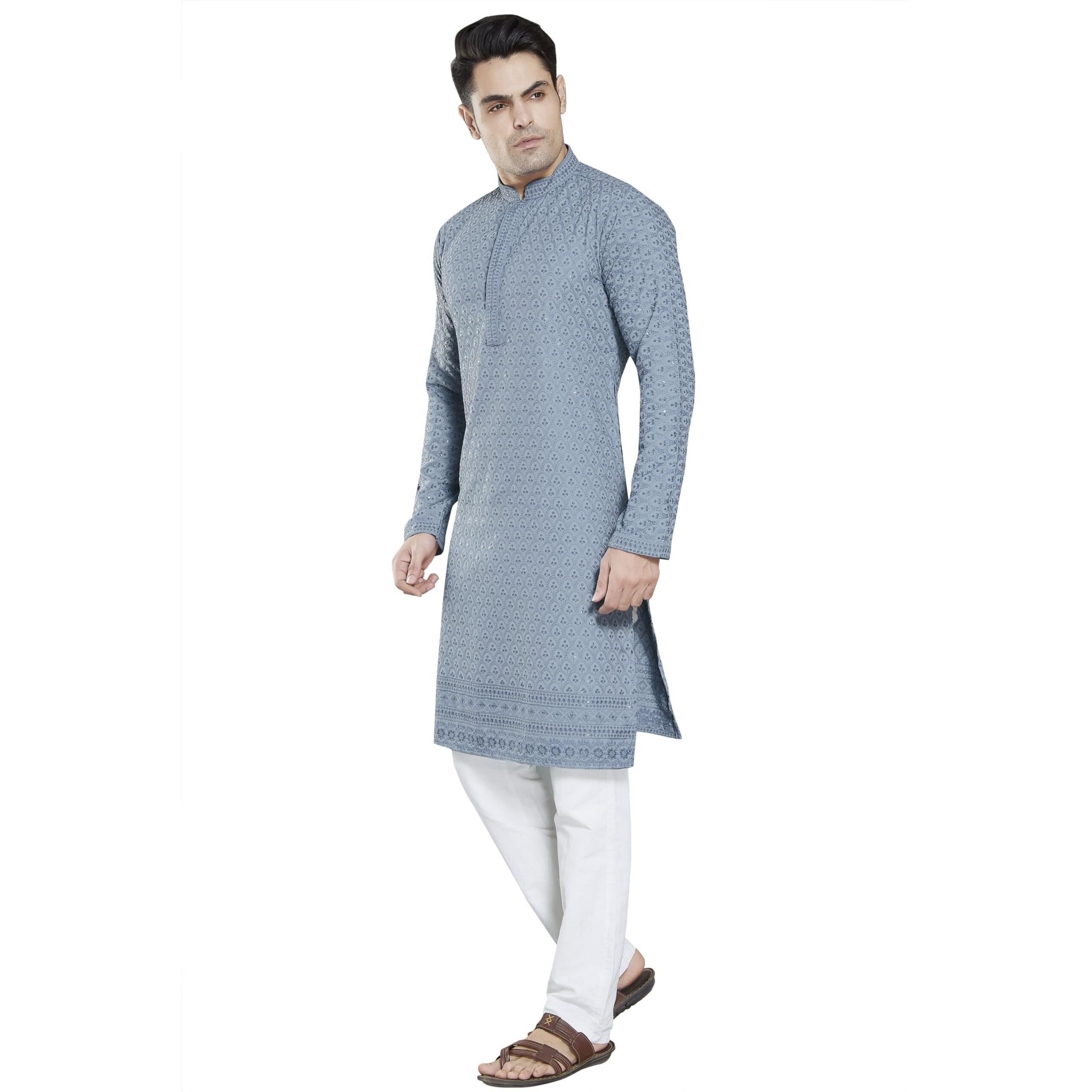 Divisive Men's Sequince Embroidered Cotton Blend Slim Fit Kurta Pyjama Set (Dkrt28_M_Grey)