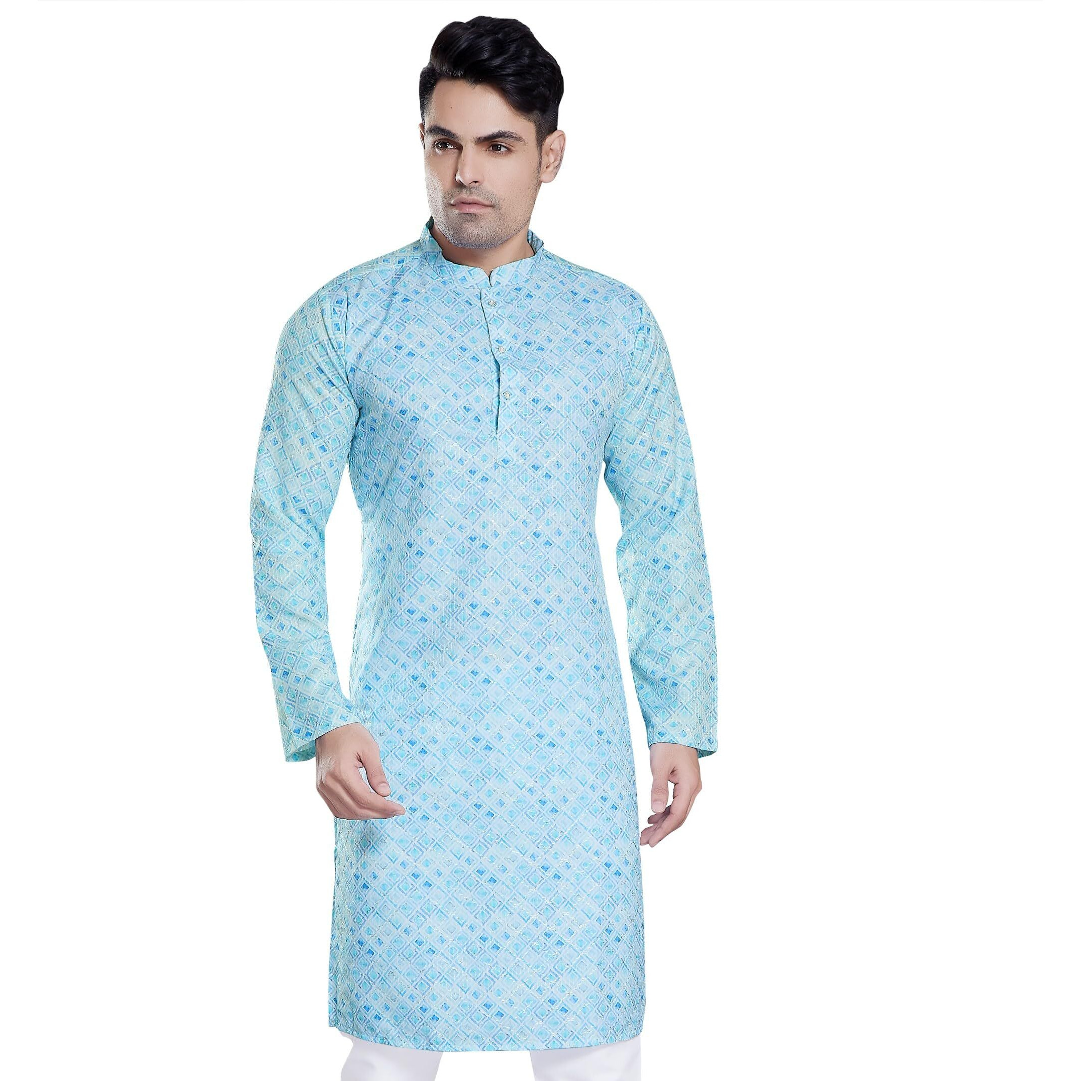 Divisive Men's Sequince Embroidered Printed Cotton Blend Only Slim Fit Kurta (Dkrt120_M_Blue)