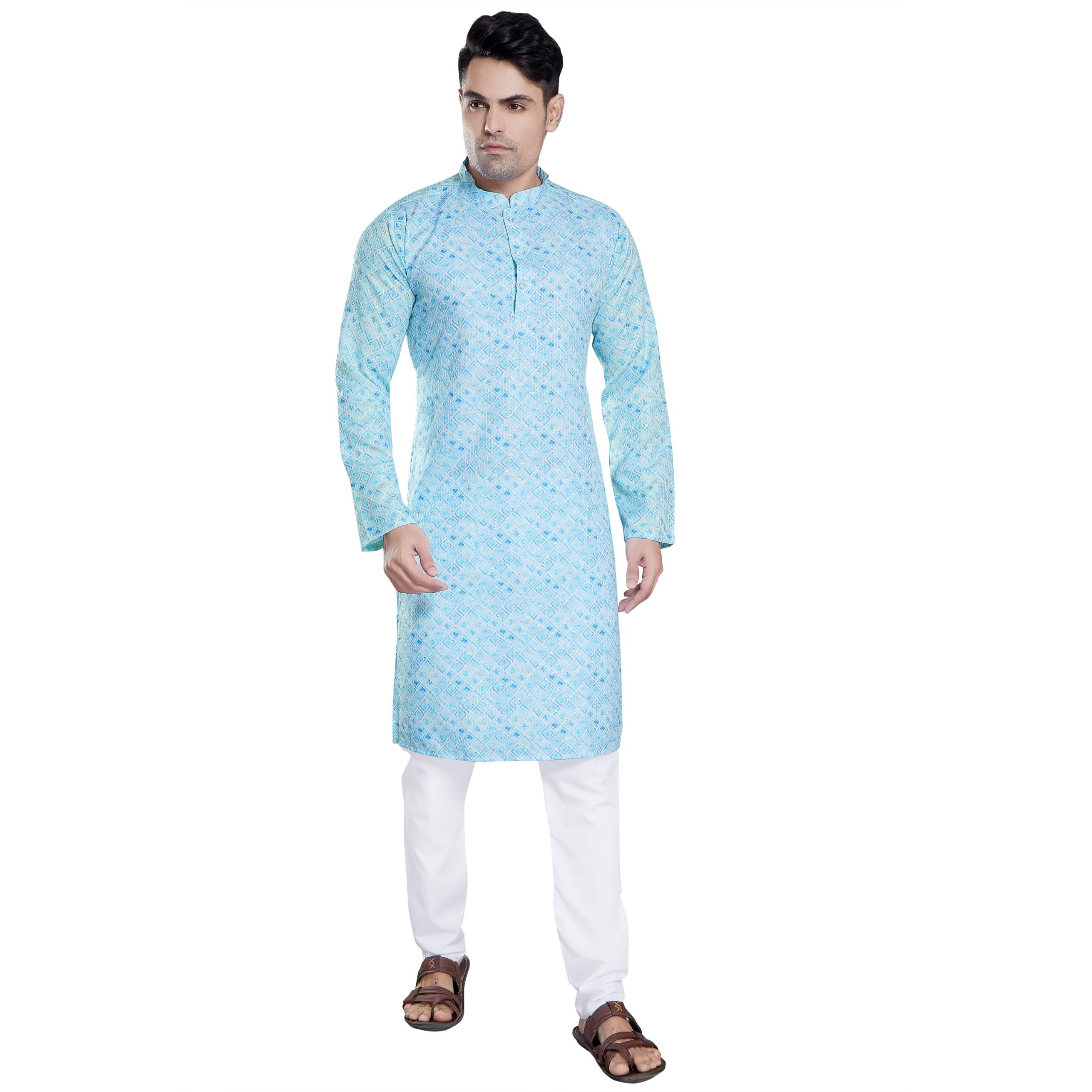 Divisive Men's Sequince Embroidered Printed Cotton Blend Only Slim Fit Kurta (Dkrt120_M_Blue)