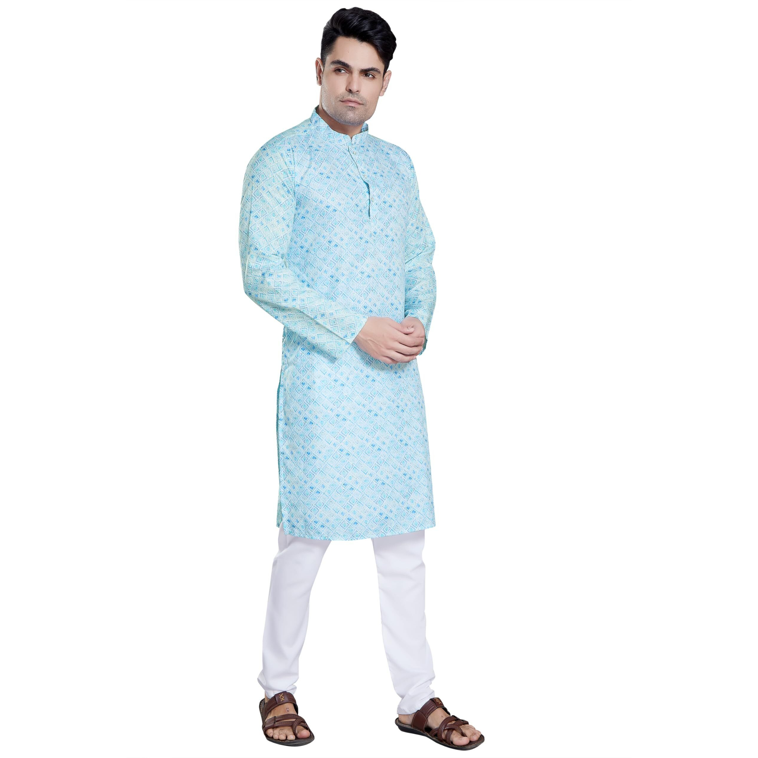 Divisive Men's Sequince Embroidered Printed Cotton Blend Only Slim Fit Kurta (Dkrt120_M_Blue)