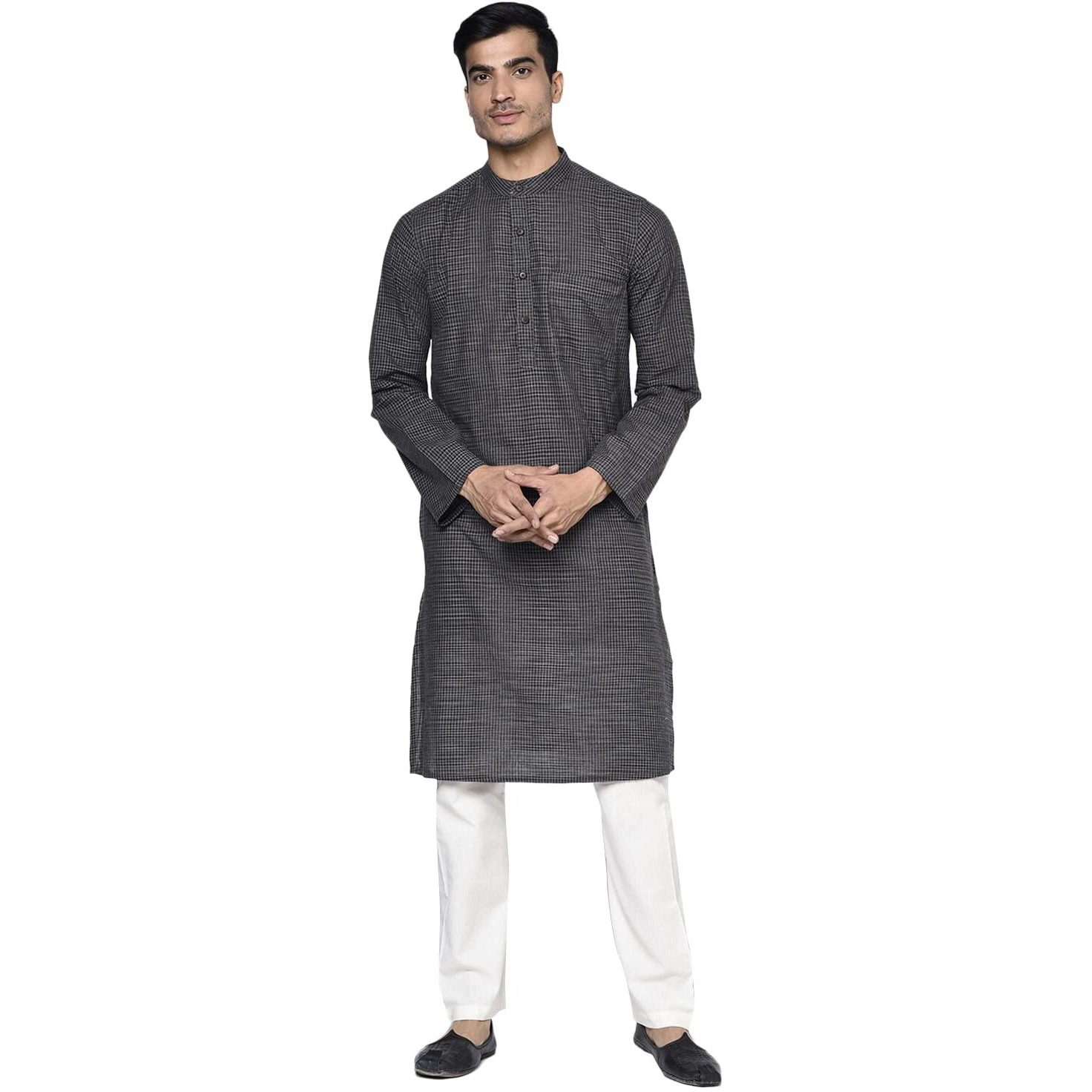 Fabindia Men's Cotton Geometric Slim Slim Fit Kurta_Black_Xs
