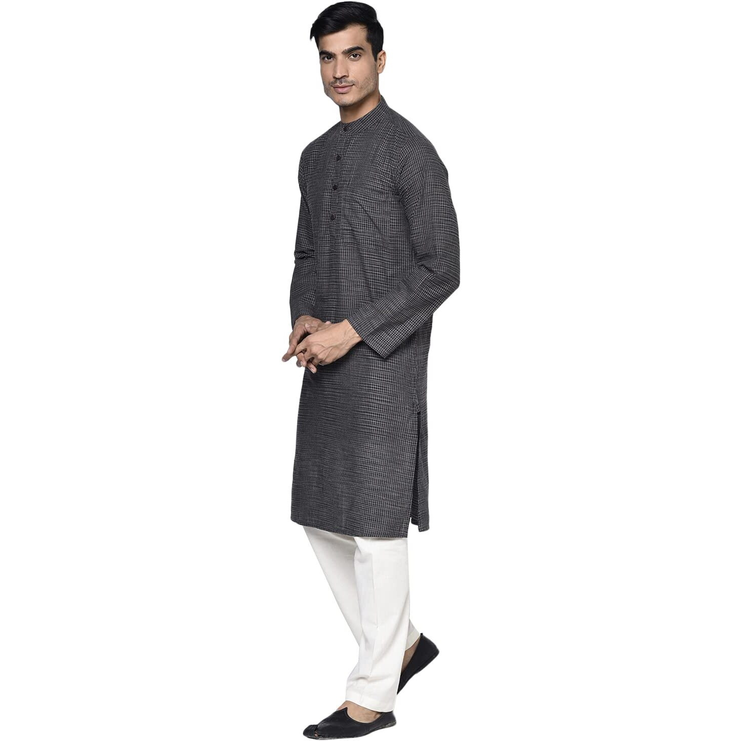 Fabindia Men's Cotton Geometric Slim Slim Fit Kurta_Black_Xs