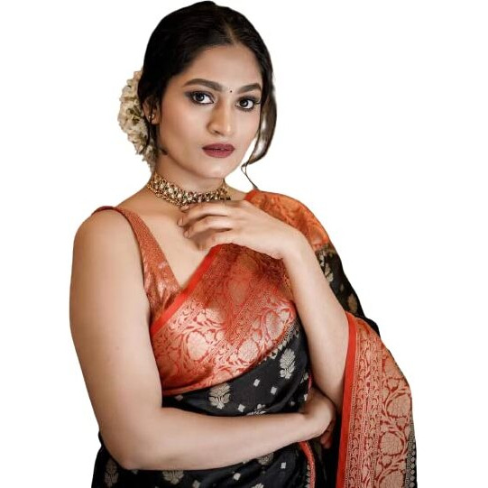 Flosive Women's Present Banarasi Soft Lichi Silk Saree Beautiful Jacquard Rich Pallu Design Work Zari Woven Kanjivaram Silk Style Saree With Soft Lichi Silk Blouse Piece Ayn Royal Look (Black)