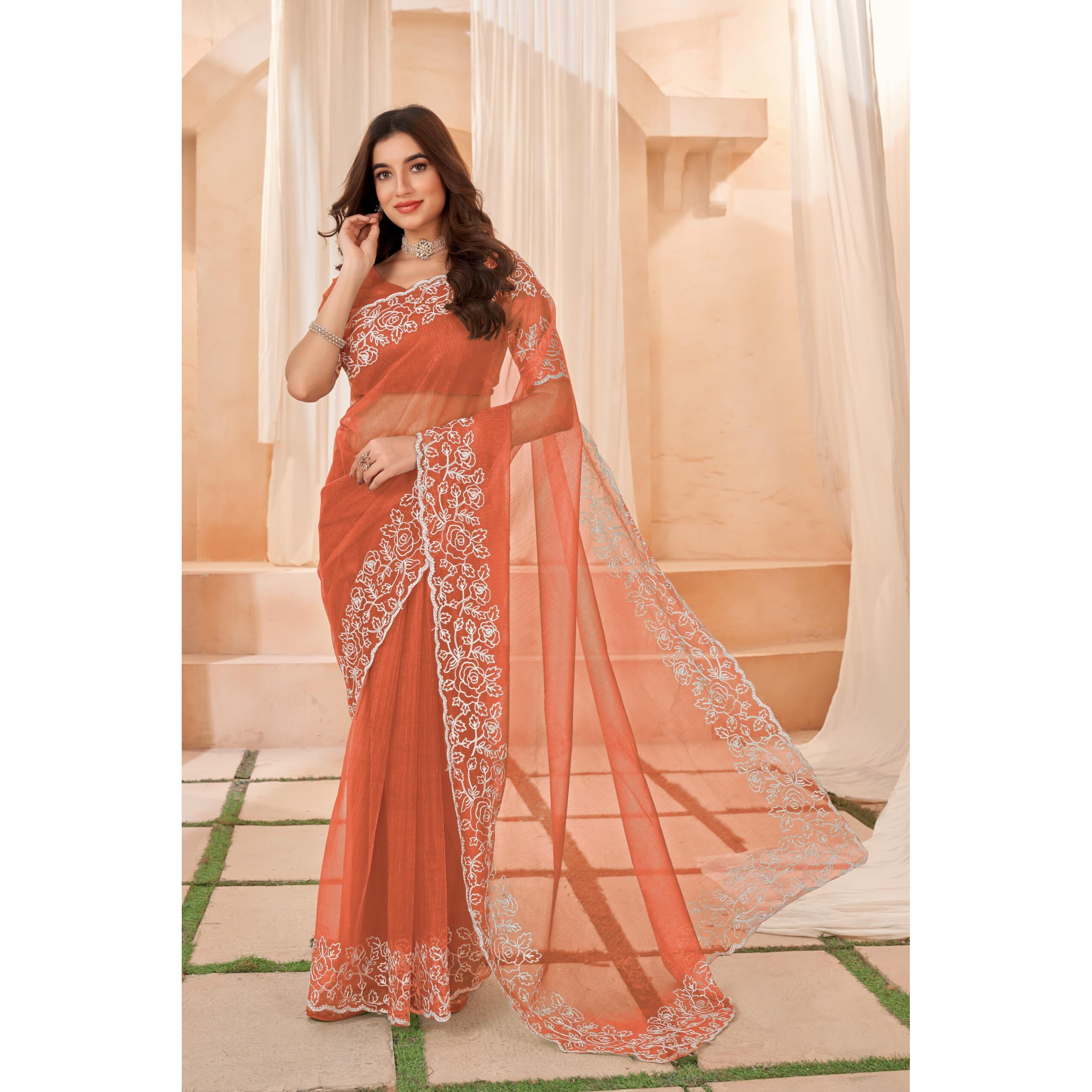 Glory Sarees Women's Organza Silk Embroidered Saree With Blouse Piece (Organza102_Orange)