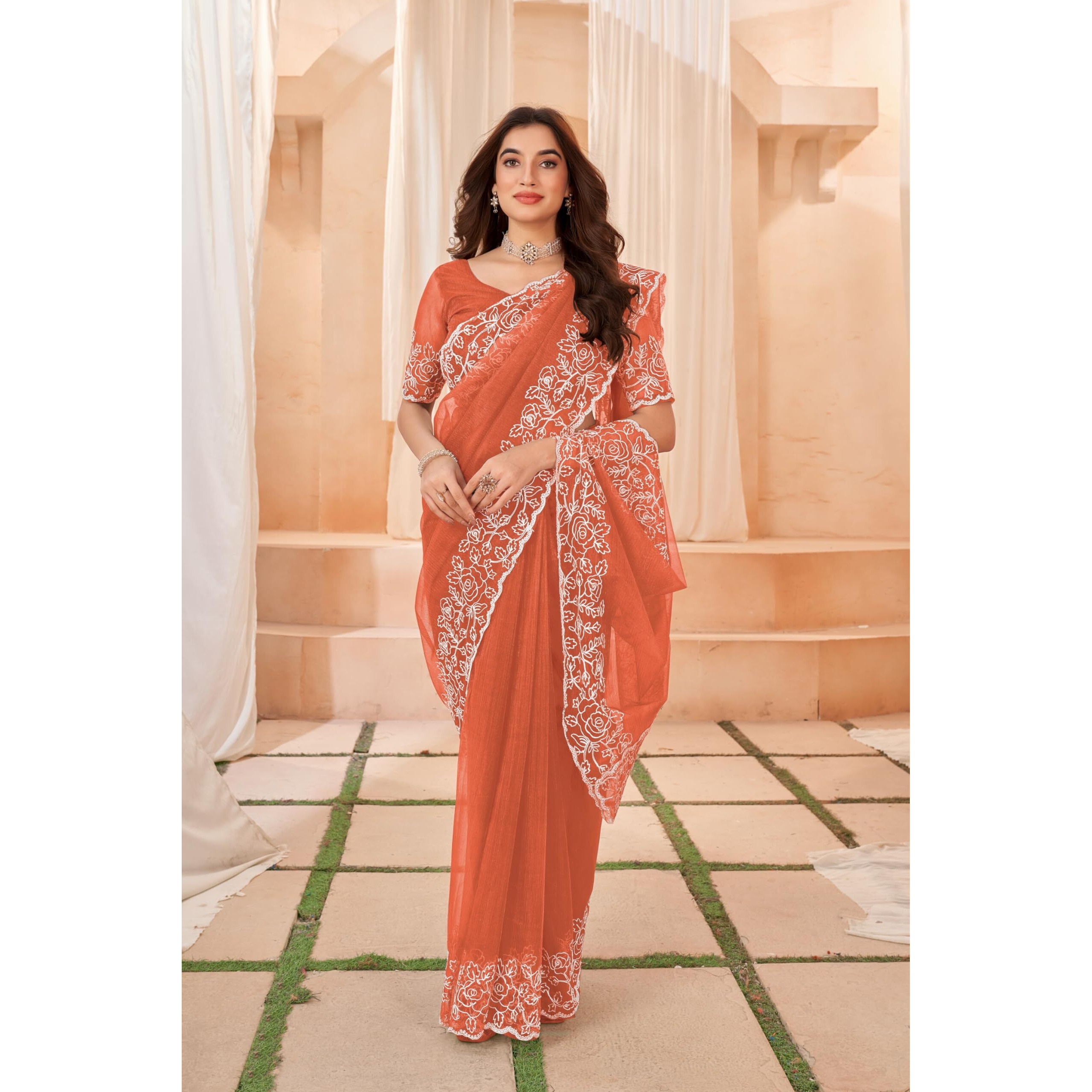 Glory Sarees Women's Organza Silk Embroidered Saree With Blouse Piece (Organza102_Orange)