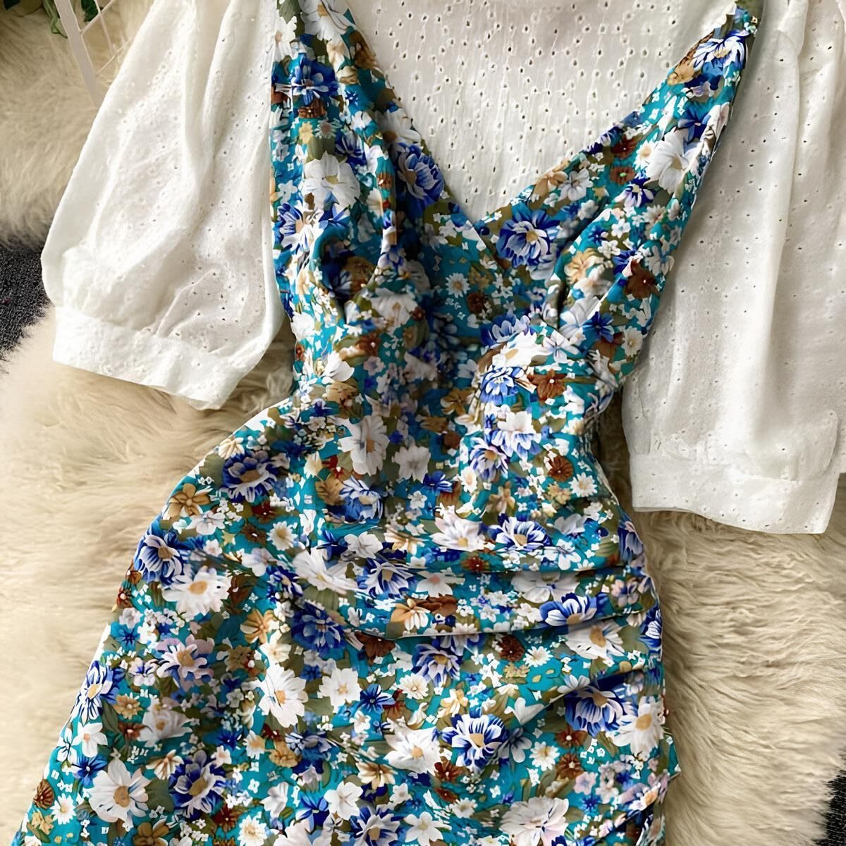 Gufrina Elegant Women's Two-Piece Dress Set With Crop Top And High-Waist Skirt For Casual (Blue S)