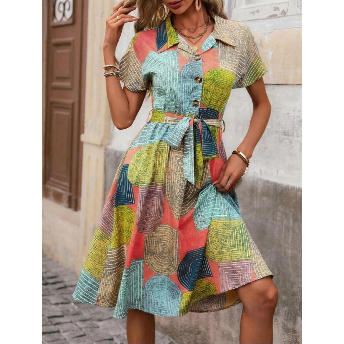 Gufrina Women's Short Sleeve Collar Neck Dress - Geometric Print Button-Down Midi Dress With Tie-Up Belt (Peach S)