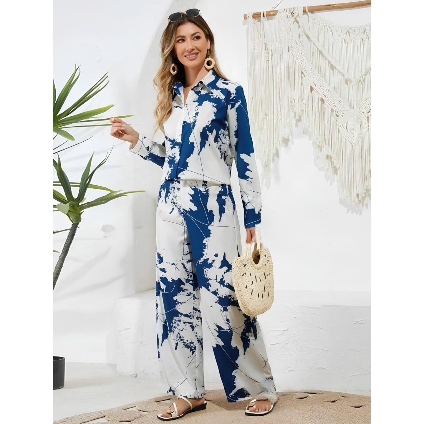 Gufrina Women's Abstract Print Co-Ords Set - Long Sleeve Open Collar Shirt And Wide-Leg Pants Ensemble (Black Xl)