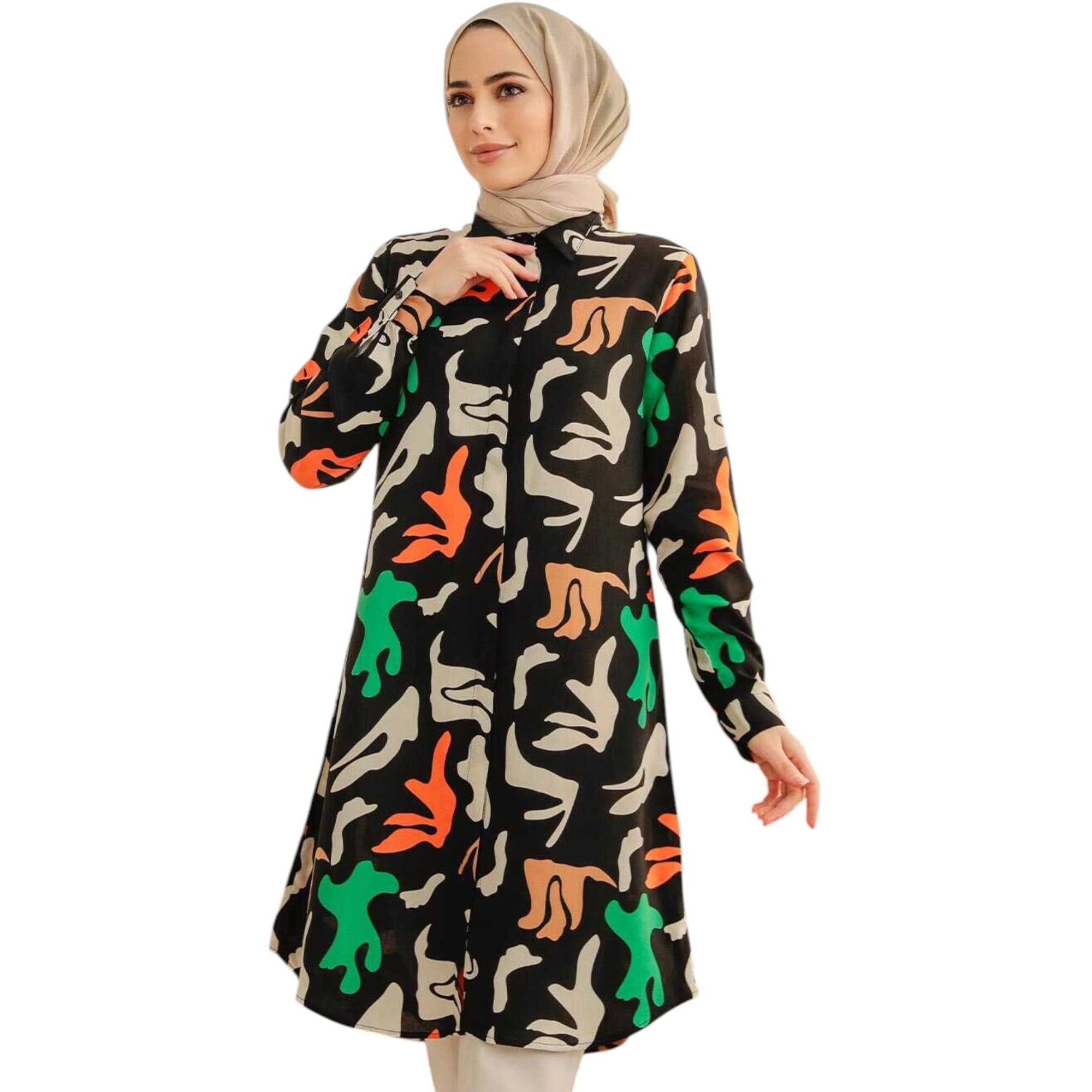 Gufrina Dresses For Women Full Sleeve||Abstract Print In Black|| Relaxed Fit, ||Button-Down Front Design (Black Xxl)
