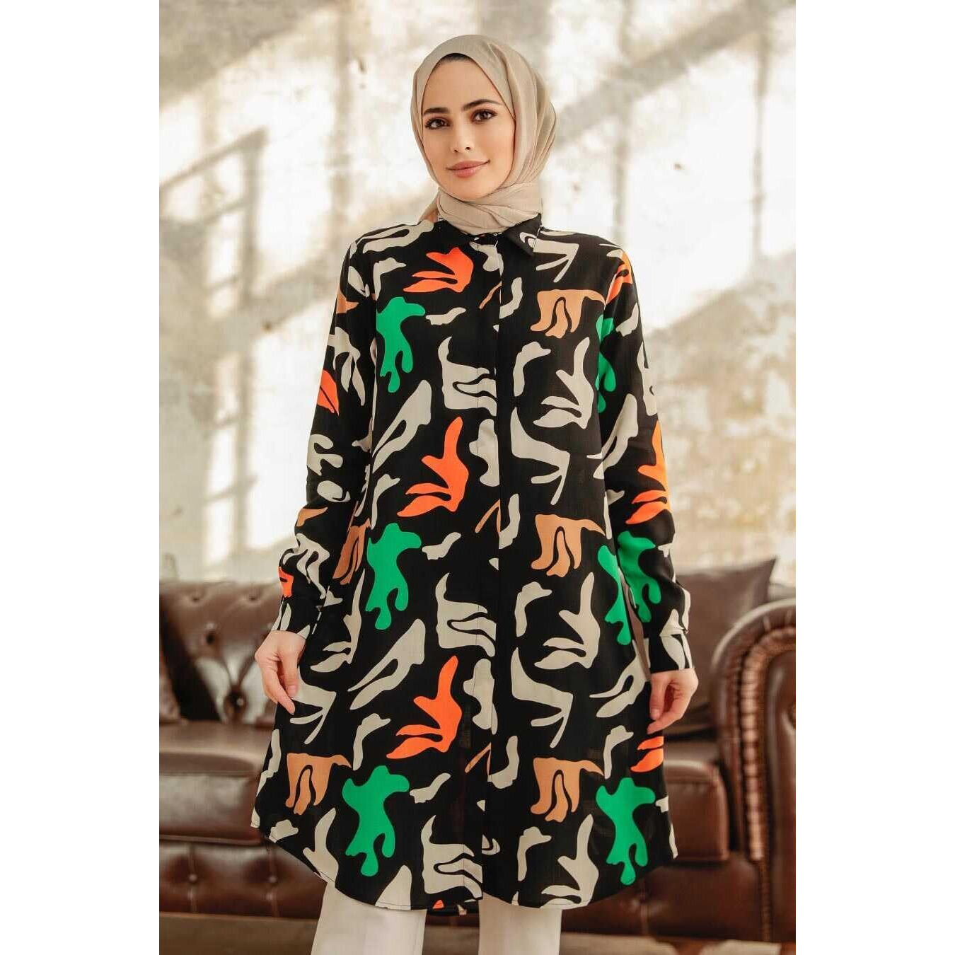 Gufrina Dresses For Women Full Sleeve||Abstract Print In Black|| Relaxed Fit, ||Button-Down Front Design (Black Xxl)