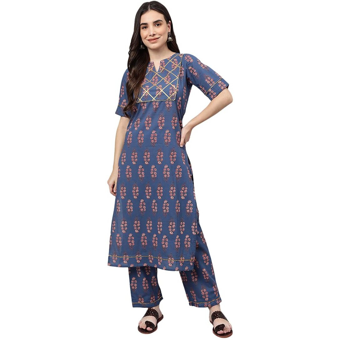 Idalia Blue And Red Printed Cotton Kurta Pants