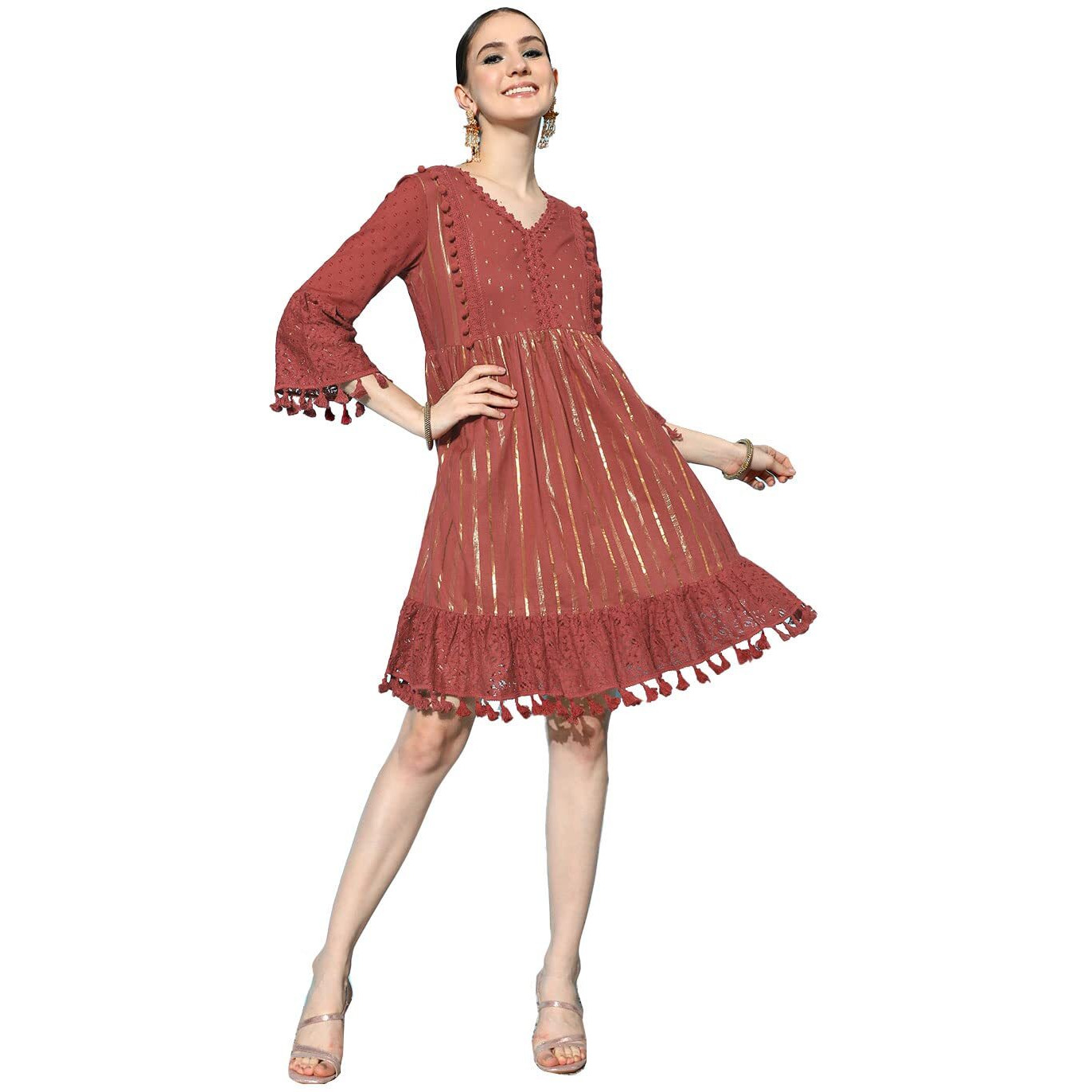 Ishin Women's Cotton Above Knee Length A-Line Indo Western Dress Inwdr0627_Mn_M_Red