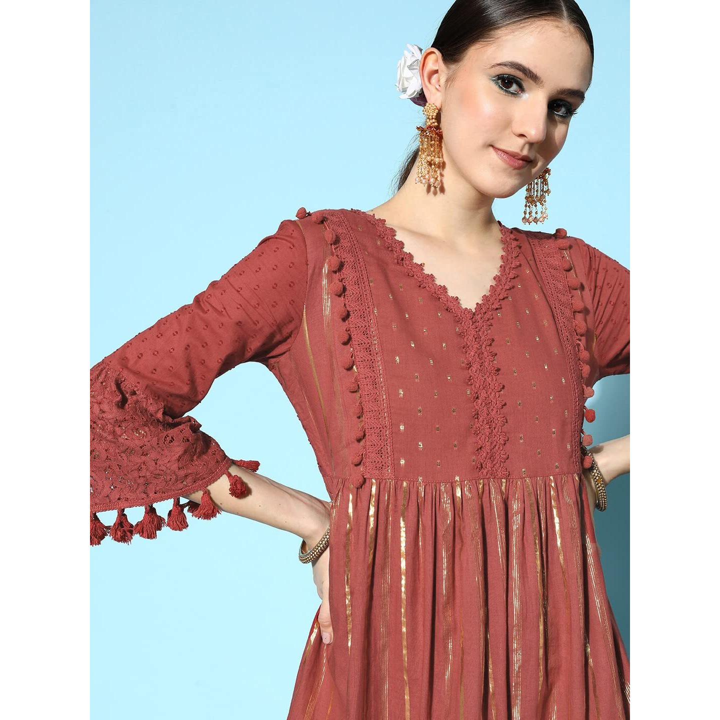 Ishin Women's Cotton Above Knee Length A-Line Indo Western Dress Inwdr0627_Mn_M_Red