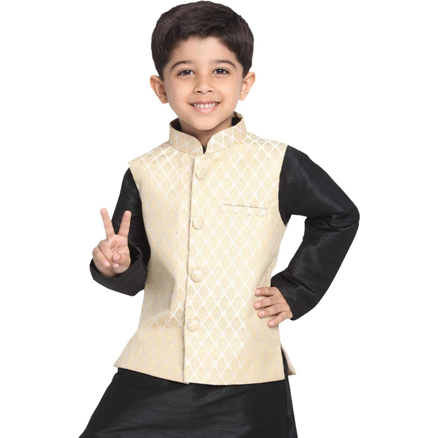 Vastramay Banarasi Brocade Woven Jacquard Nehru/Modi Jacket For Boys  Cream Ethnic Waistcoat For Weddings & Festivals
