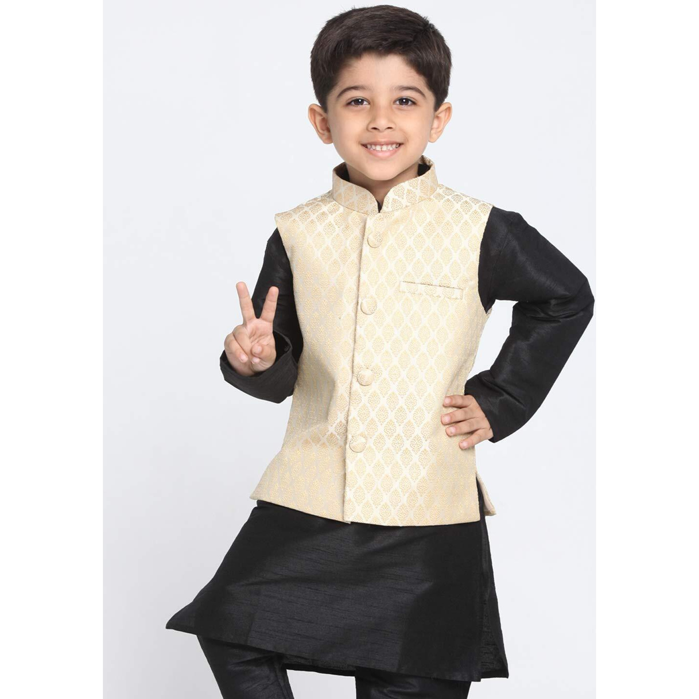 Vastramay Banarasi Brocade Woven Jacquard Nehru/Modi Jacket For Boys  Cream Ethnic Waistcoat For Weddings & Festivals