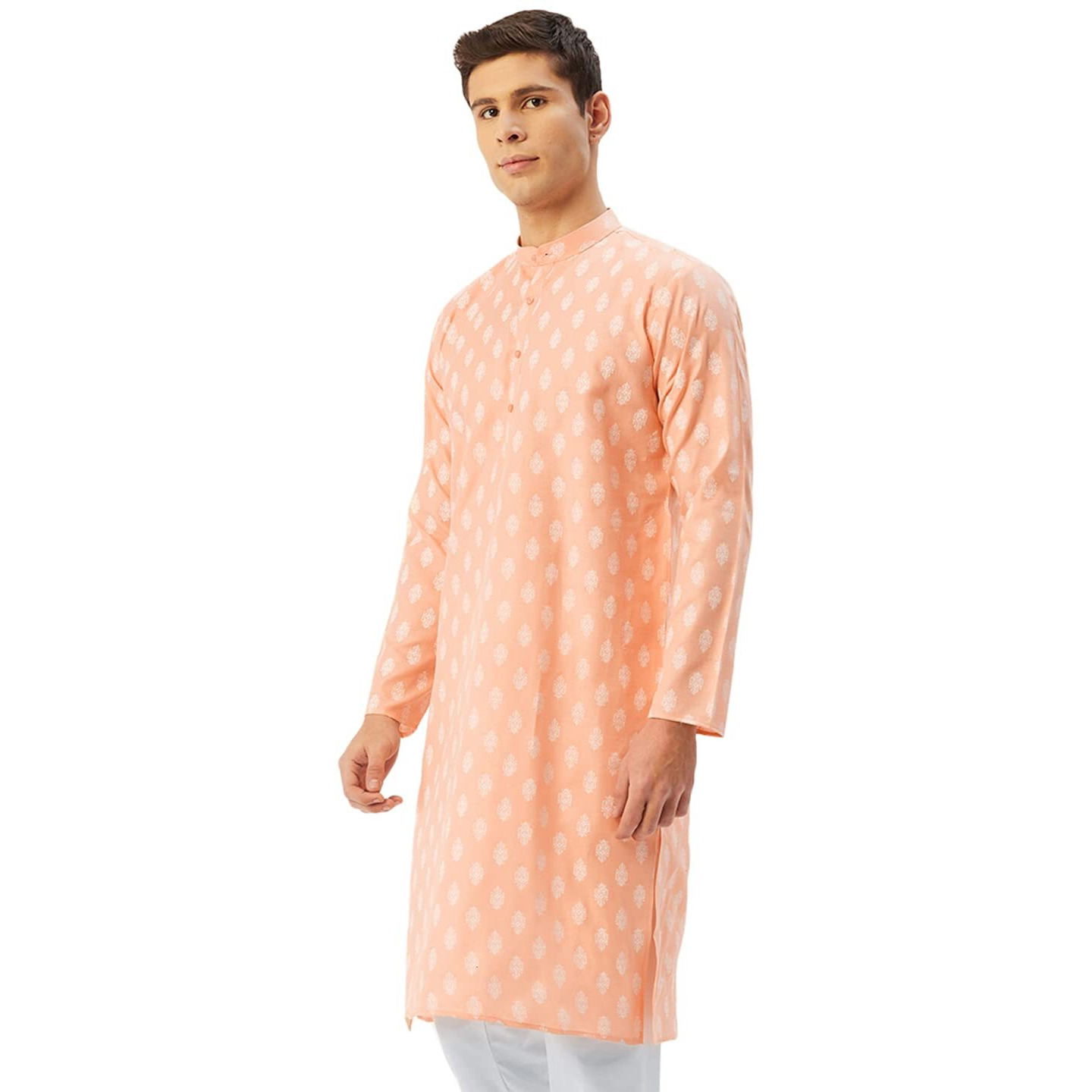 Jompers Men's Cotton Floral Printed Kurta. (Peach, M)