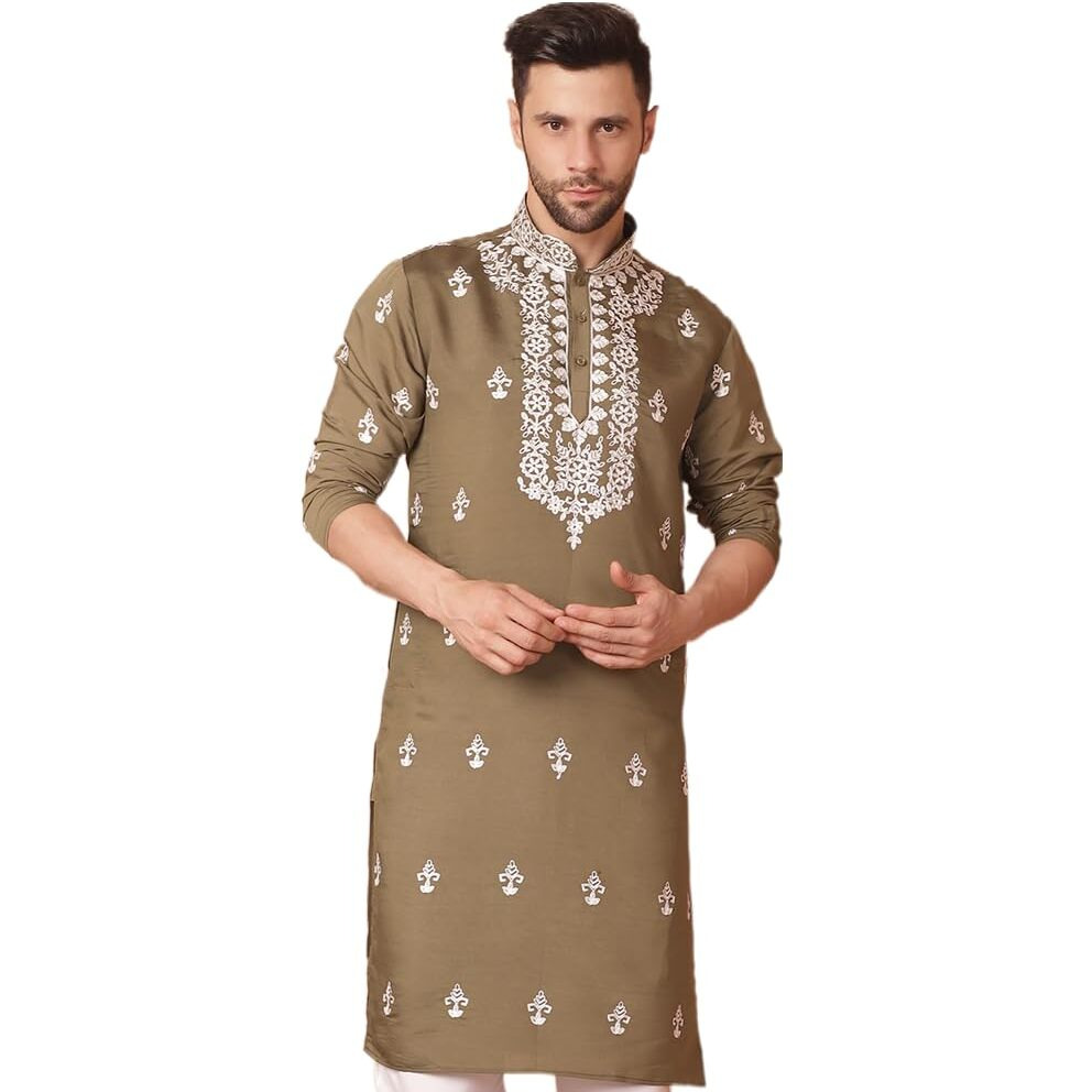 Jompers Men Brown Chikankari Embroidered Kurtas (Brown, L)