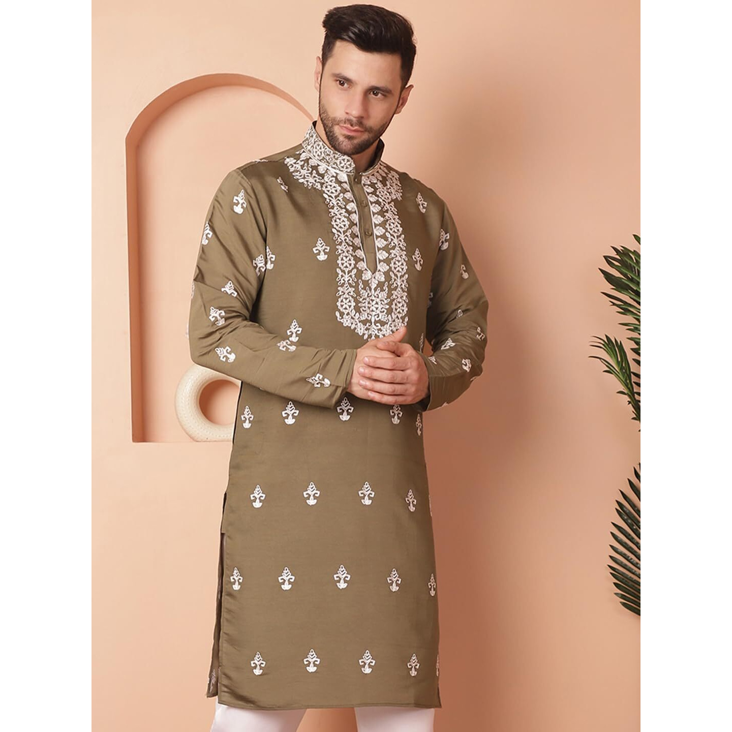 Jompers Men Brown Chikankari Embroidered Kurtas (Brown, L)