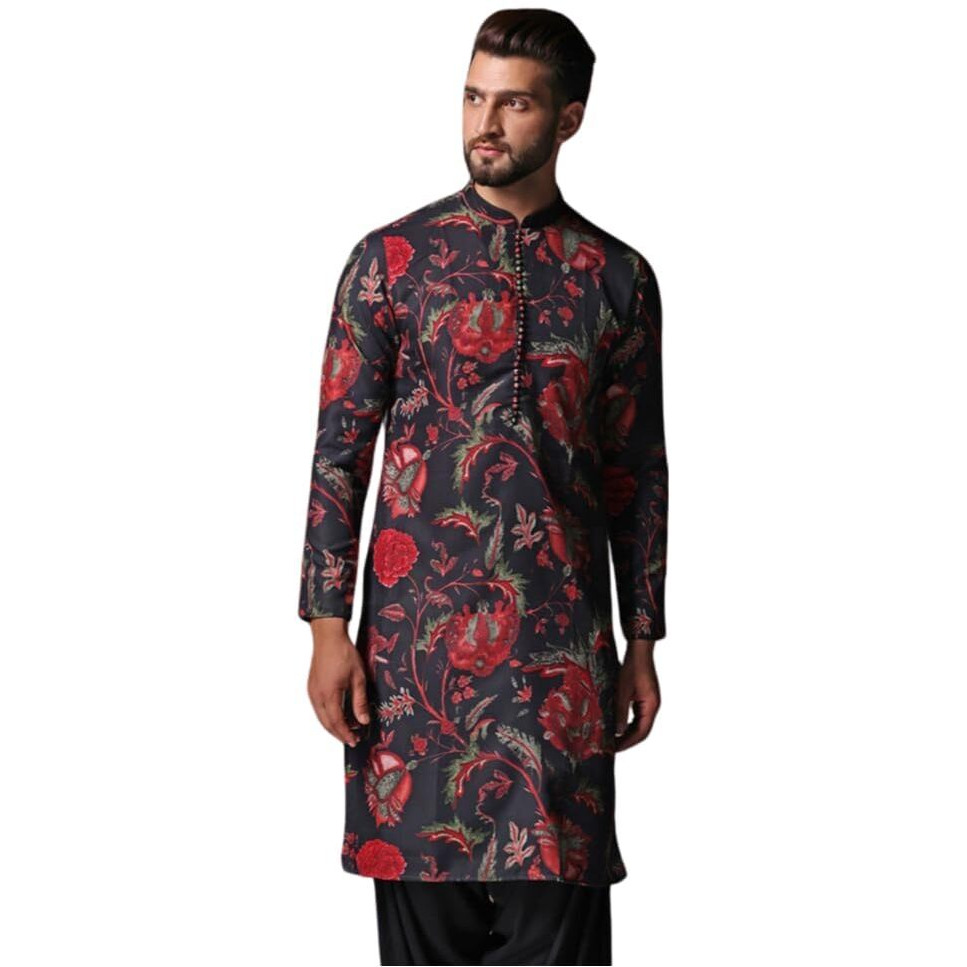 Kisah Men's Kurta, Black Blended, Ethnic Motifs Regular Fit Mandarin Collar Long Sleeves (M)