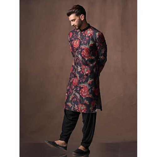 Kisah Men's Kurta, Black Blended, Ethnic Motifs Regular Fit Mandarin Collar Long Sleeves (M)