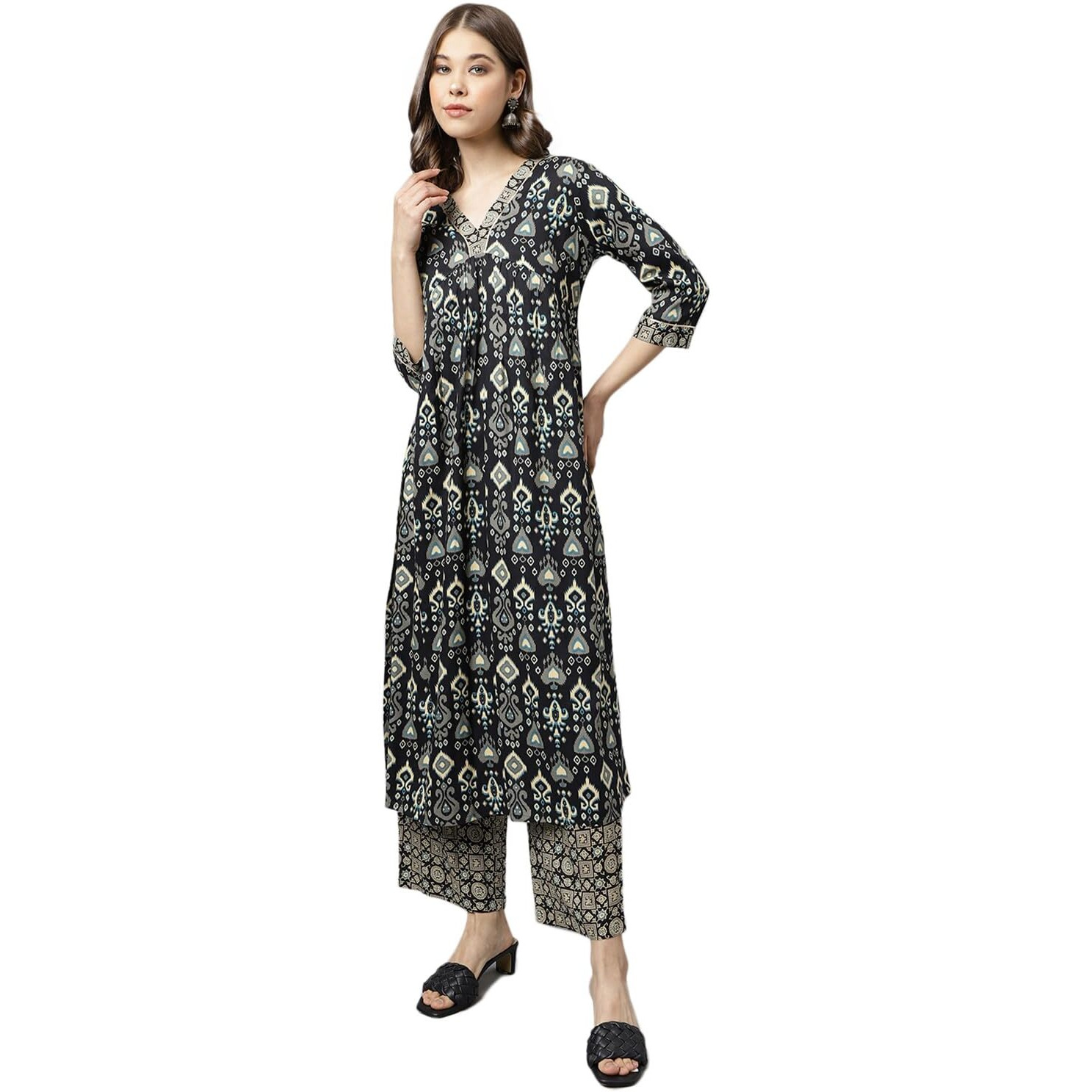 Fiorra Women's Black Cotton A-Line Kurta With Palazzo Set0099 Black