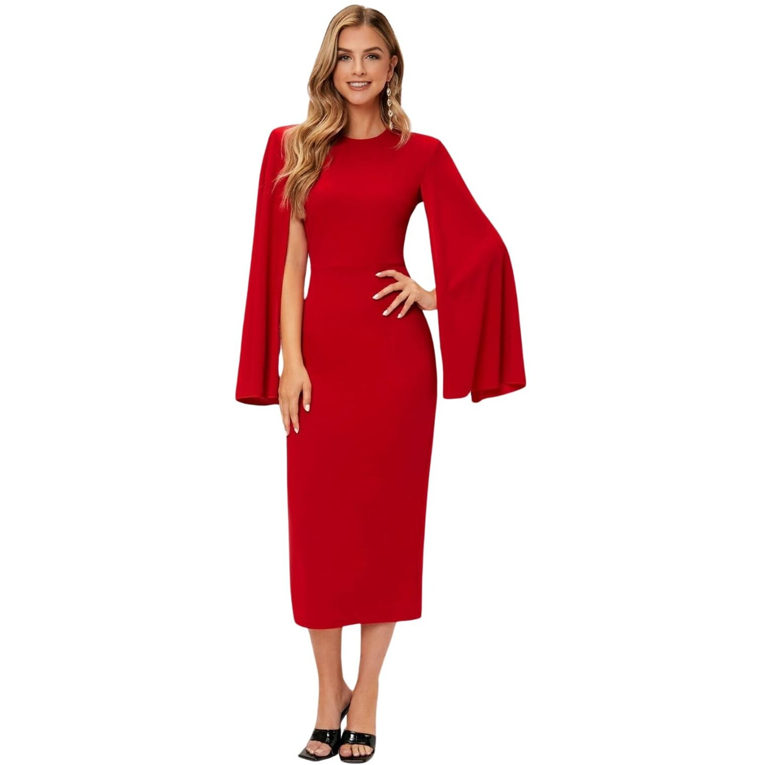 Greciilooks One-Piece Below The Knee Bodycon Dress For Women (Gl-Wd1174-Large-Red)