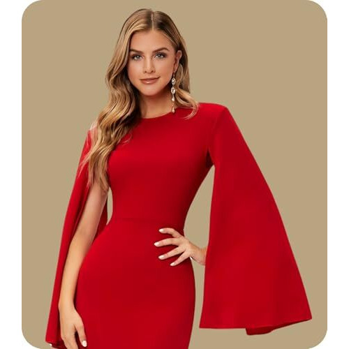 Greciilooks One-Piece Below The Knee Bodycon Dress For Women (Gl-Wd1174-Large-Red)