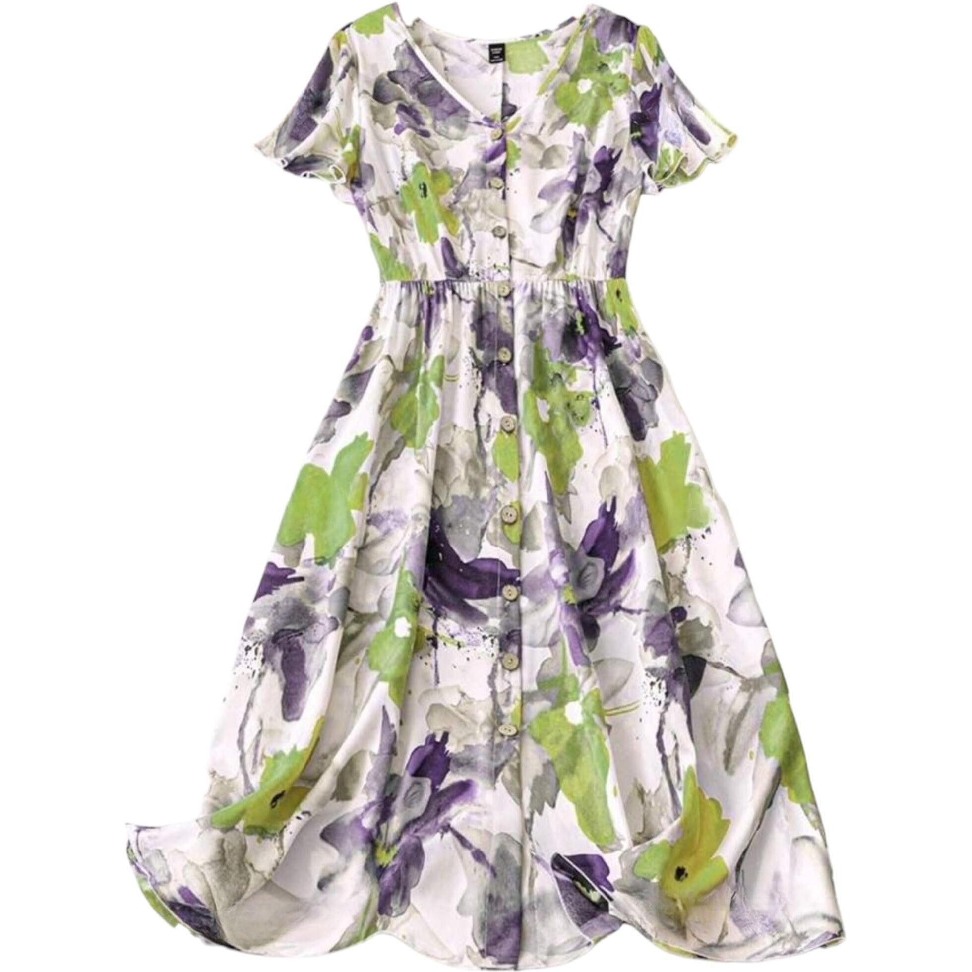 Gufrina Women's Rayon Midi Dress With Half Sleeves V Neck Line Floral Printed A-Line Style Knee Length Regular Fit And Flare Purple