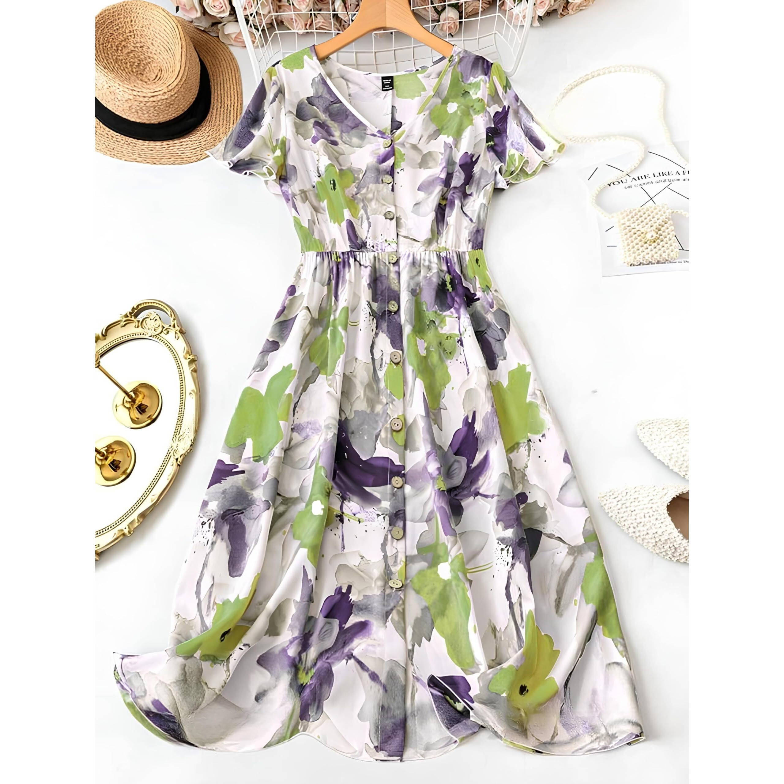 Gufrina Women's Rayon Midi Dress With Half Sleeves V Neck Line Floral Printed A-Line Style Knee Length Regular Fit And Flare Purple