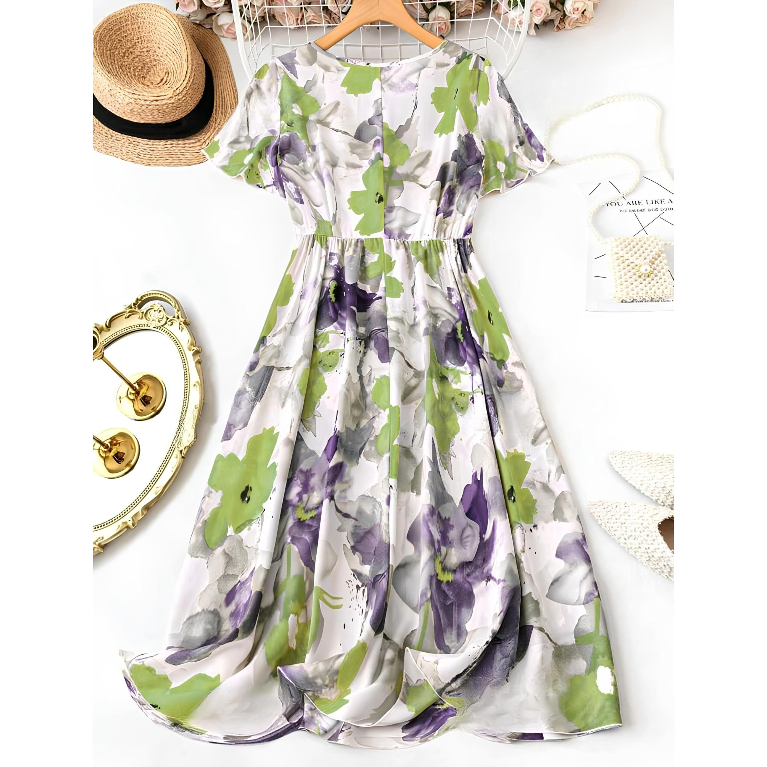 Gufrina Women's Rayon Midi Dress With Half Sleeves V Neck Line Floral Printed A-Line Style Knee Length Regular Fit And Flare Purple