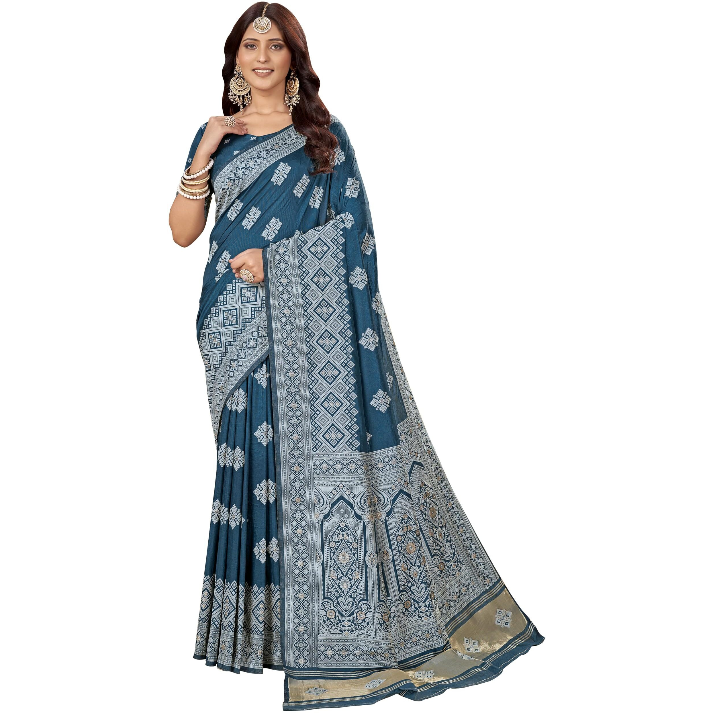 Glory Sarees Women's Banarasi Silk Woven Hand Dyed Saree With Blouse Piece (Heritage_Silk114_Firozi)