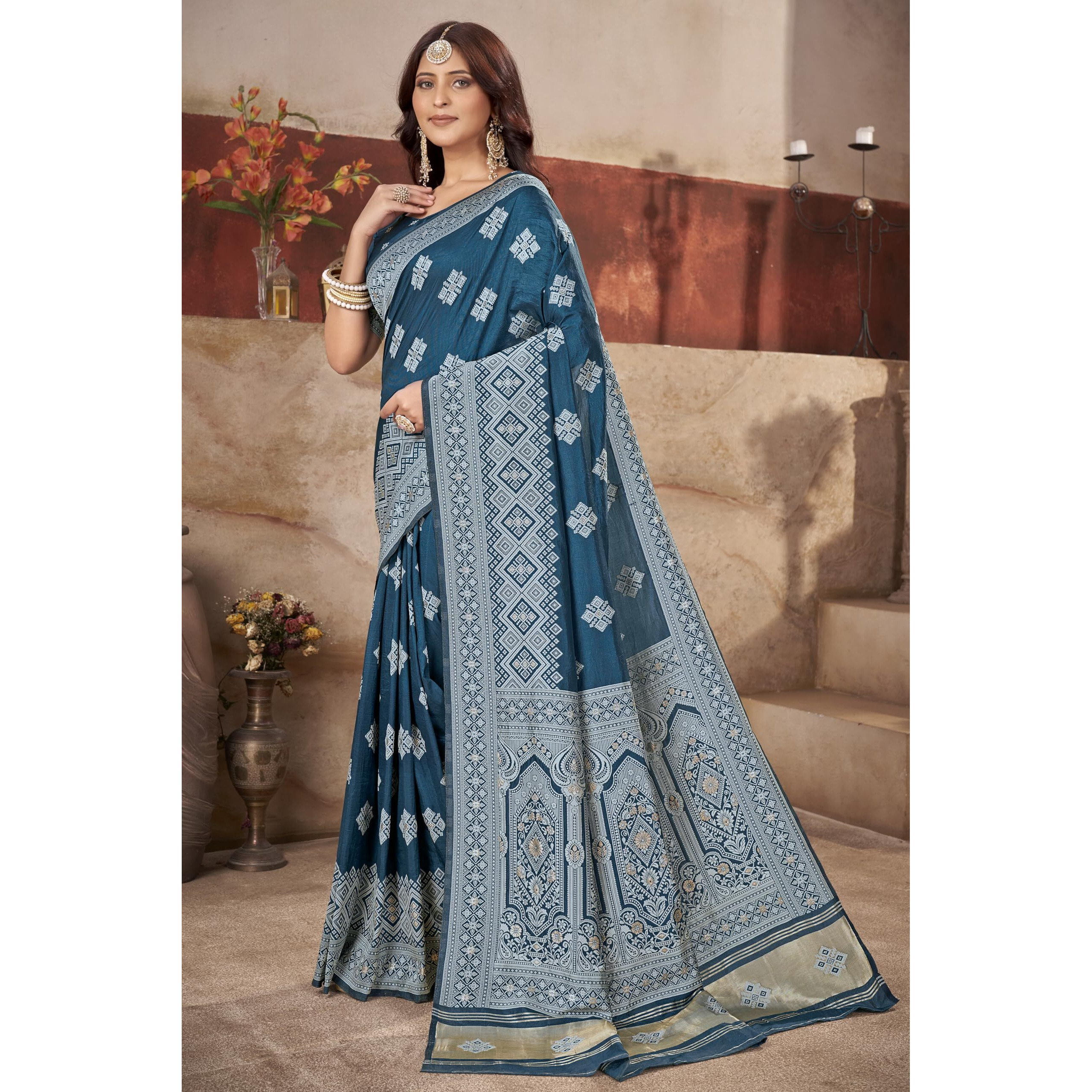 Glory Sarees Women's Banarasi Silk Woven Hand Dyed Saree With Blouse Piece (Heritage_Silk114_Firozi)