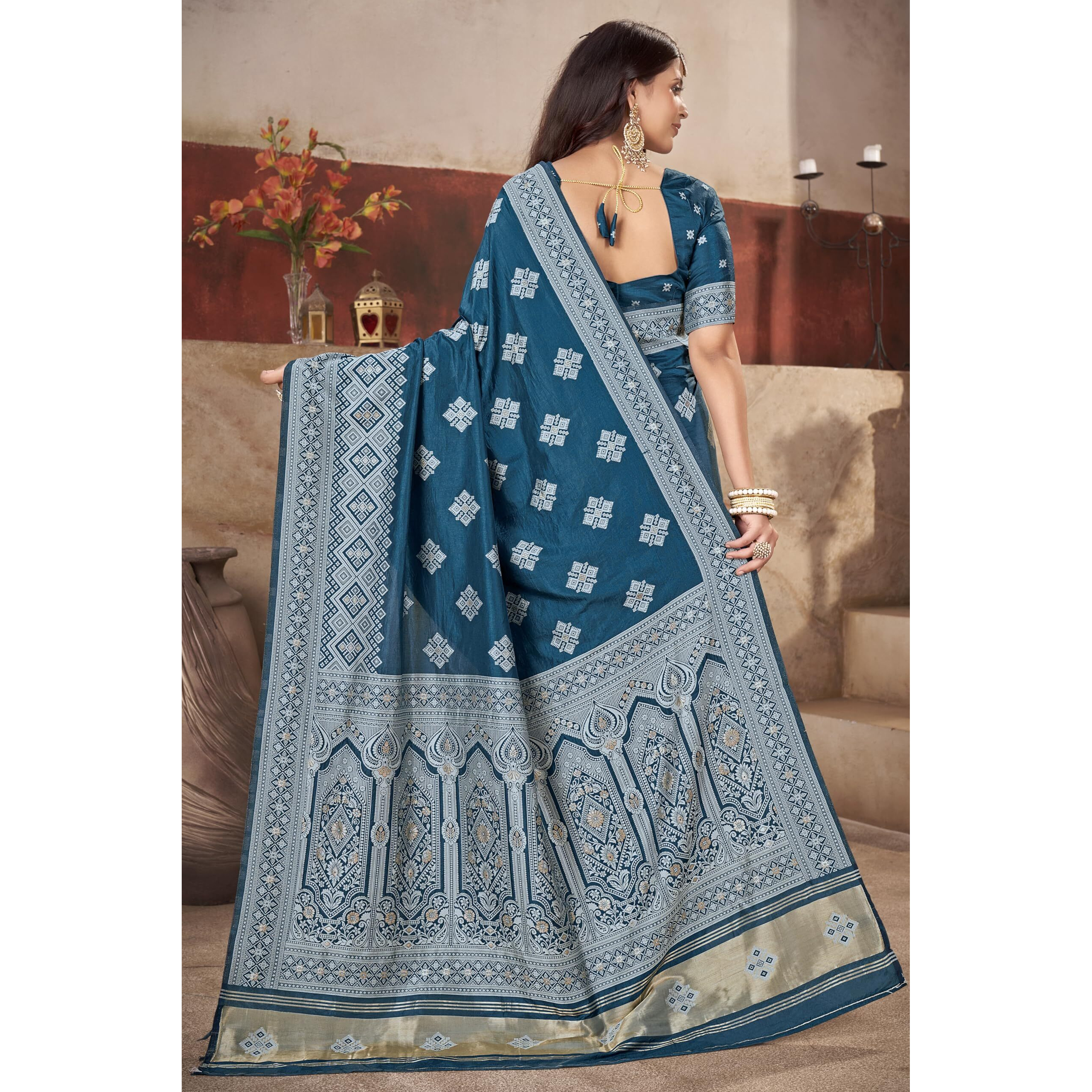 Glory Sarees Women's Banarasi Silk Woven Hand Dyed Saree With Blouse Piece (Heritage_Silk114_Firozi)