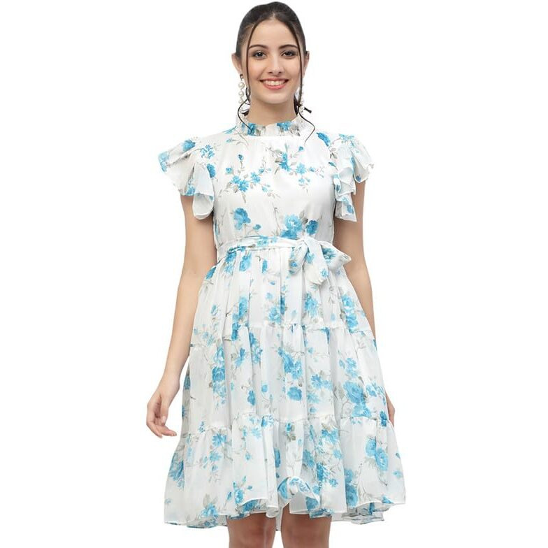 I Enterprise Women's Georgette A-Line Knee-Length Dress (Zy_Ma11_Blue