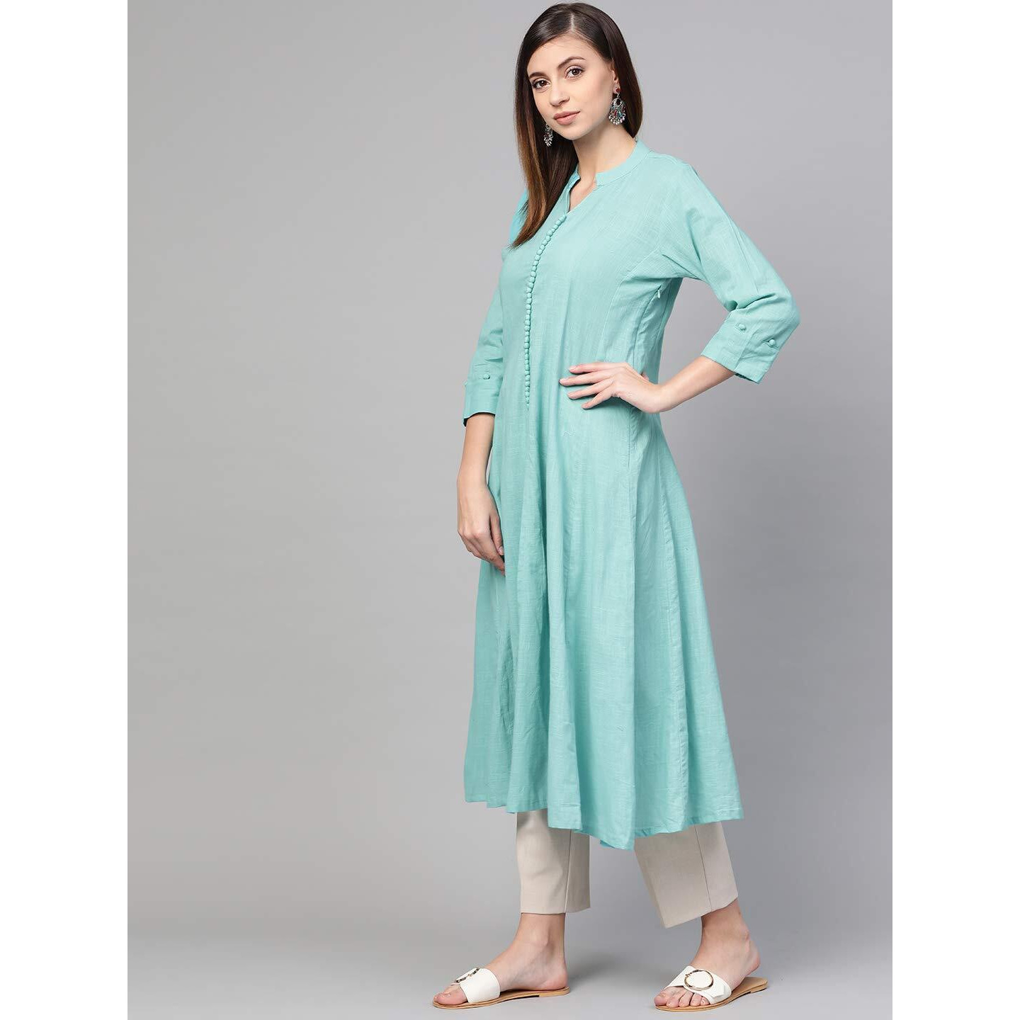 Idalia, Mandarin Collar, Chic Ethnic Look, Anarkali Dress, Anarkali Suit Dress, Cotton Kurta Set With 3/4 Sleeves, Knee-Length, Breathable Fabric