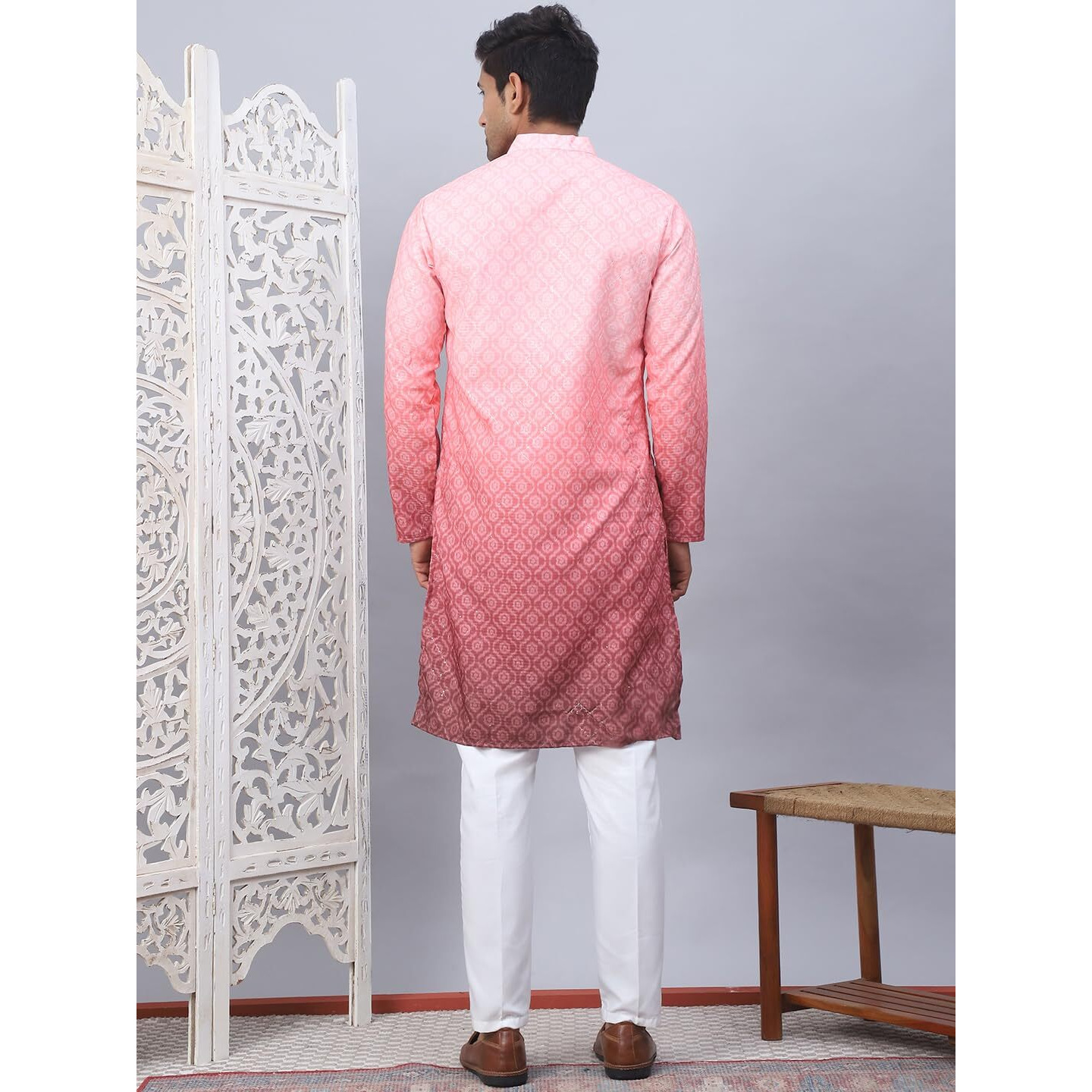 Jompers Coral Men's Ombre Printed Kurta Pyjama Set (Coral, L)
